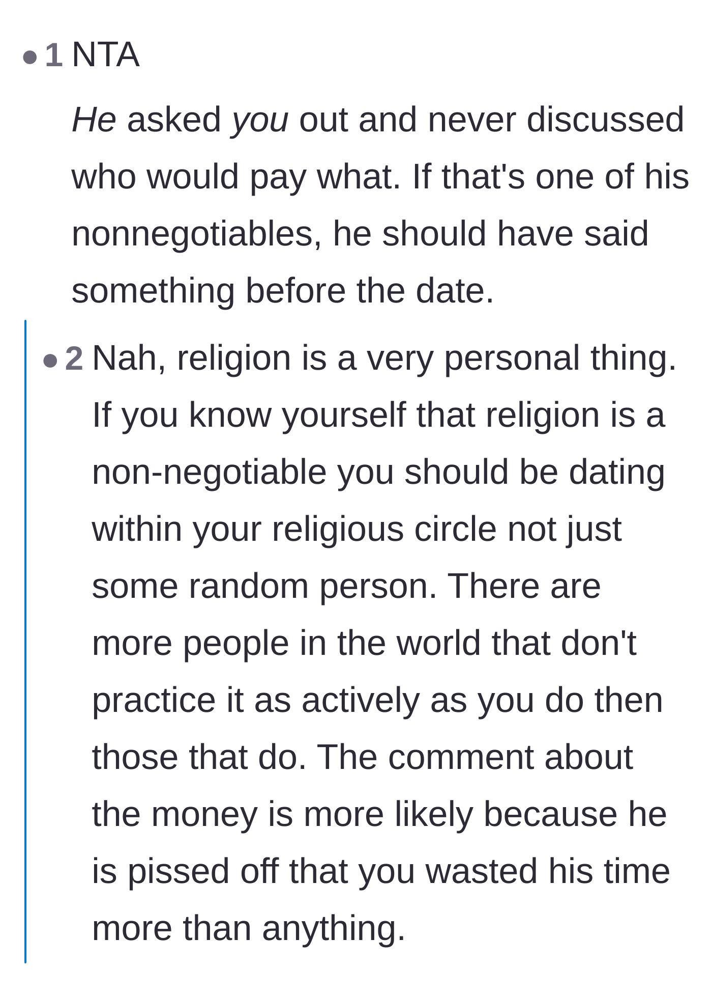 Comment thread 2 - A debate on whether the man should have communicated his financial expectations before the date.