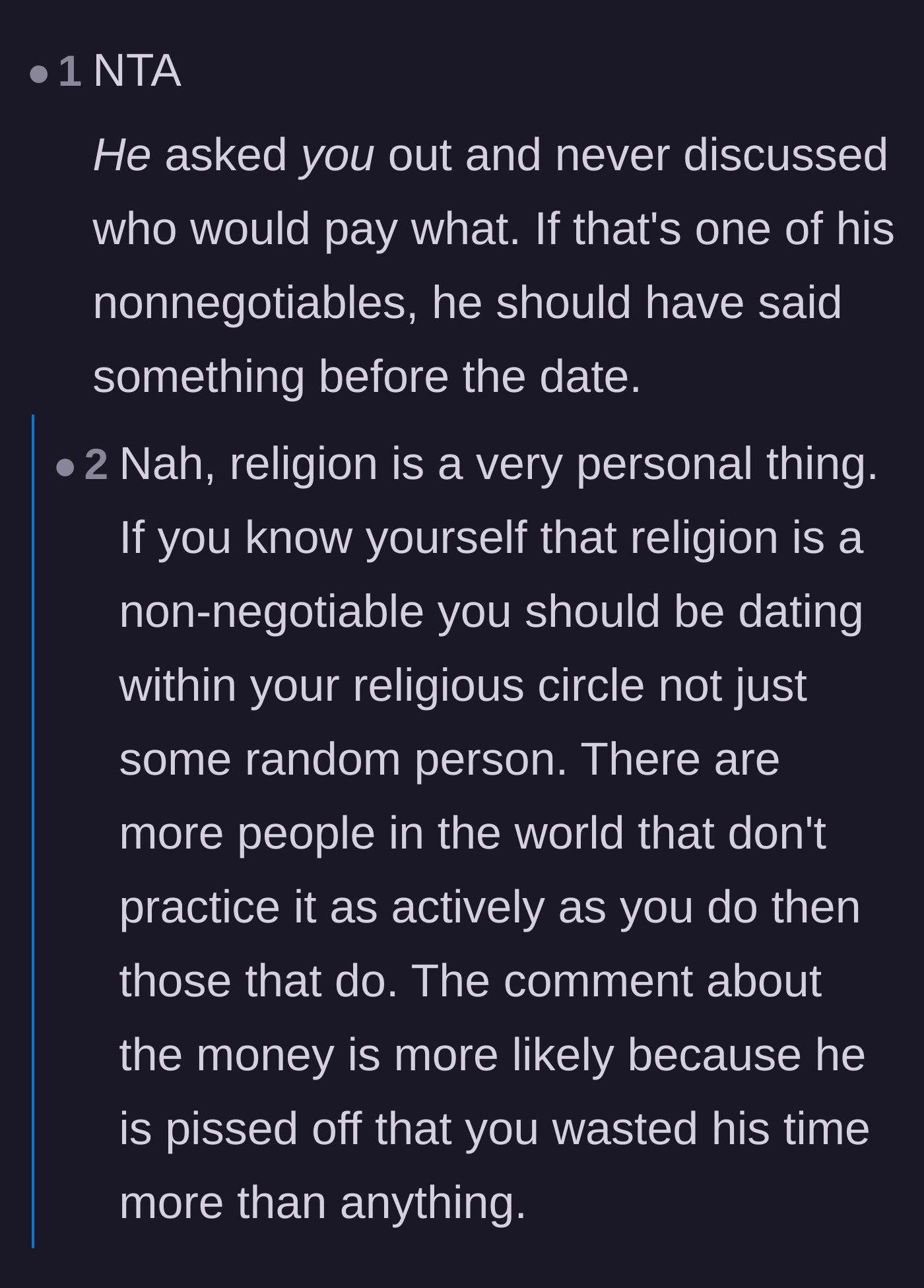 Comment thread 2 - A debate on whether the man should have communicated his financial expectations before the date.