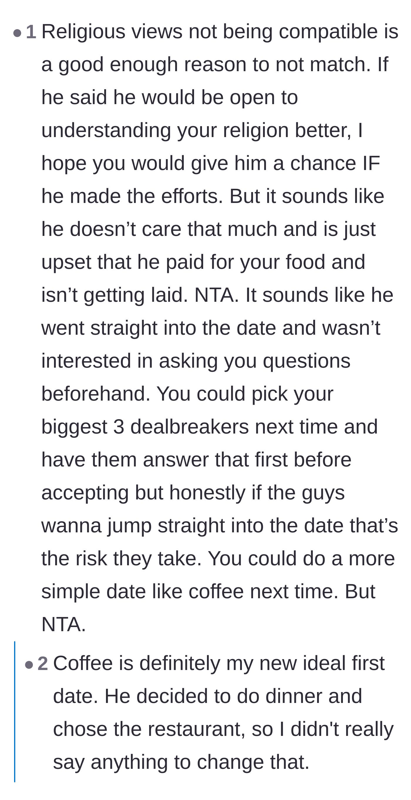 Comment thread 4 - Advice on choosing low-stakes coffee dates to avoid men who feel entitled after buying dinner.