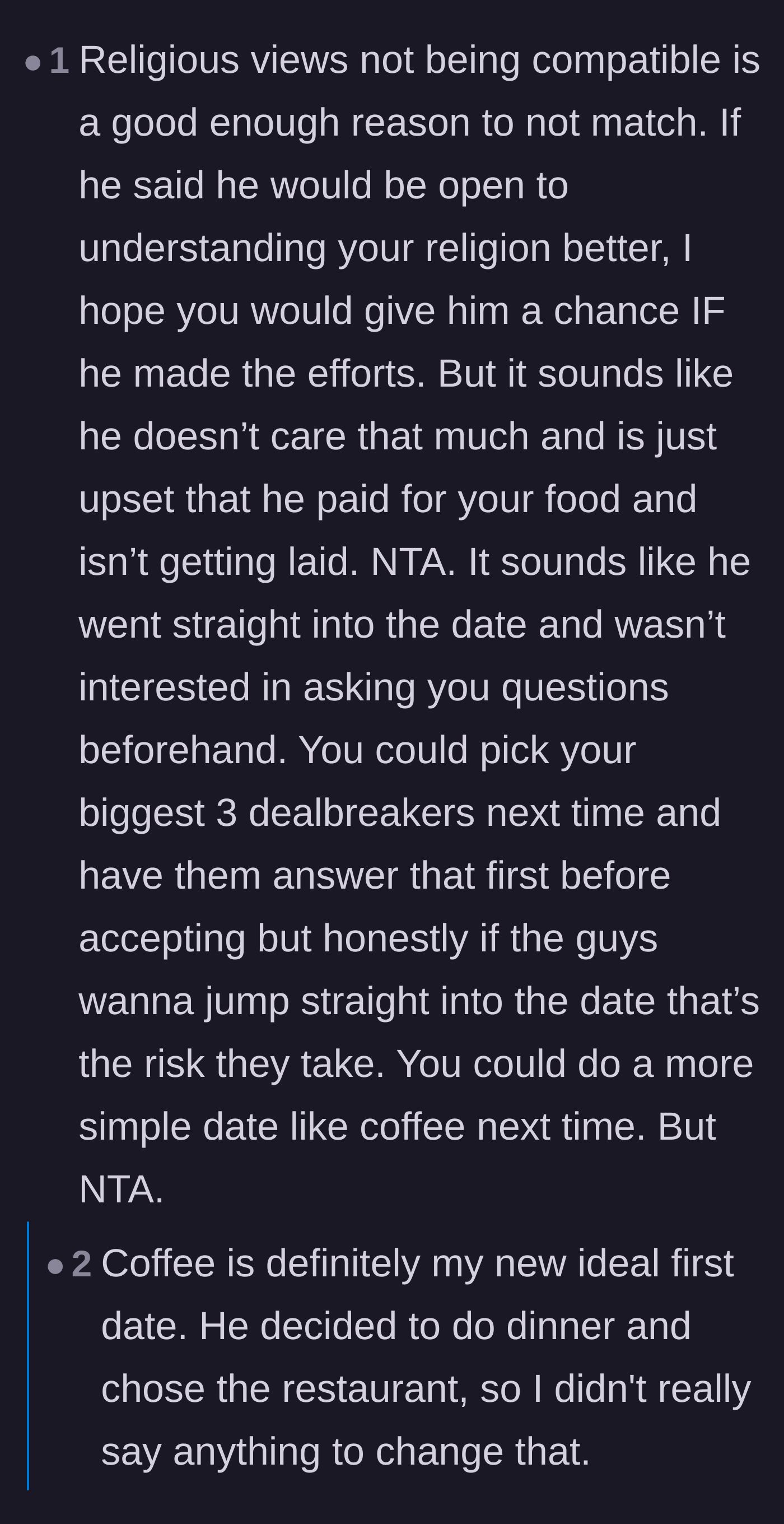 Comment thread 4 - Advice on choosing low-stakes coffee dates to avoid men who feel entitled after buying dinner.