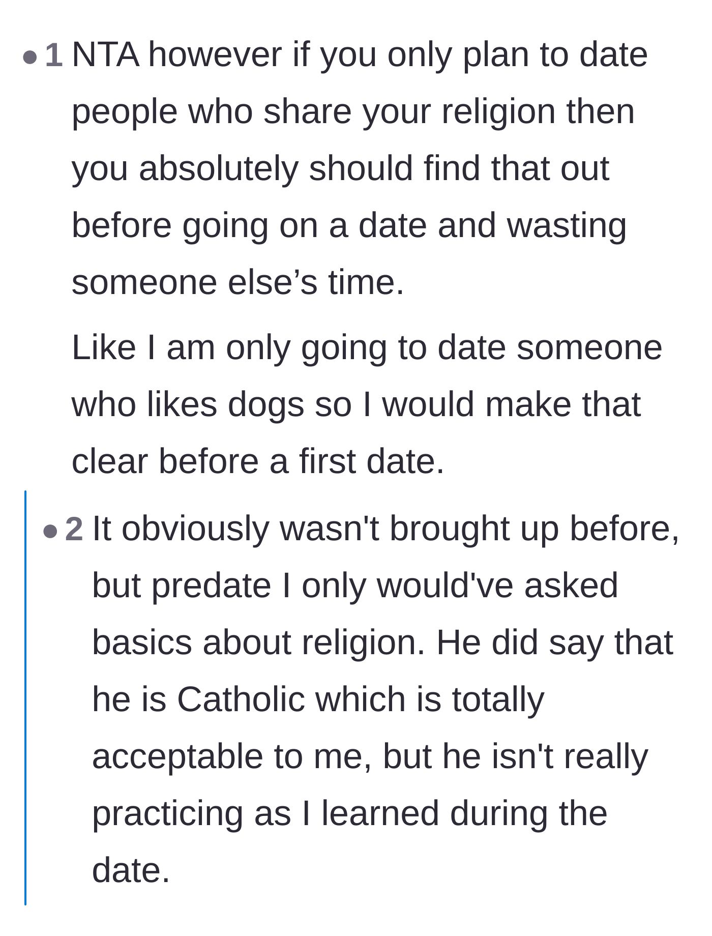 Comment thread 5 - A discussion about pre-screening for dealbreakers, with the original poster clarifying she did ask beforehand.