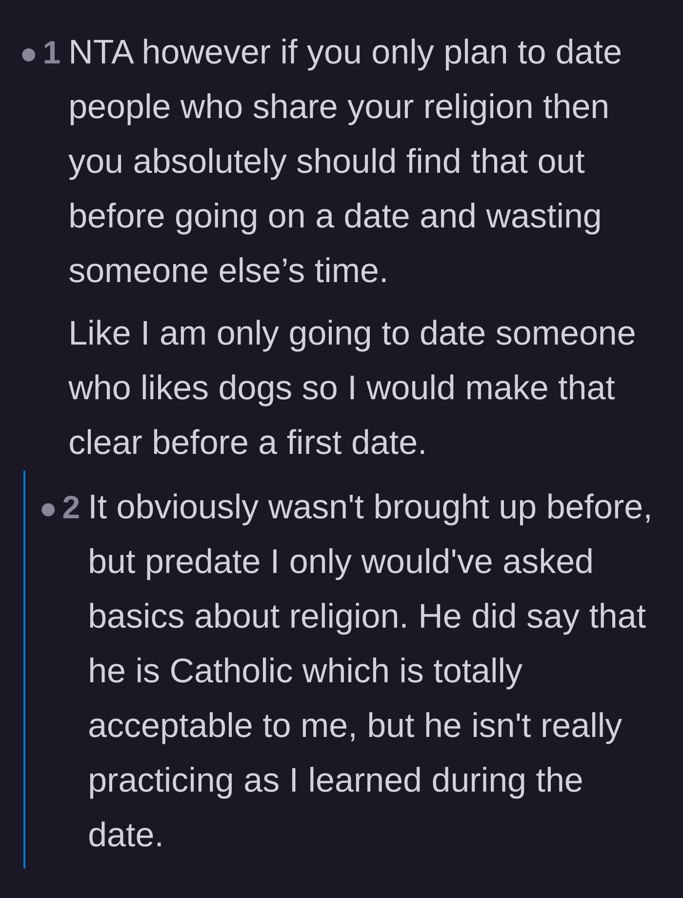 Comment thread 5 - A discussion about pre-screening for dealbreakers, with the original poster clarifying she did ask beforehand.