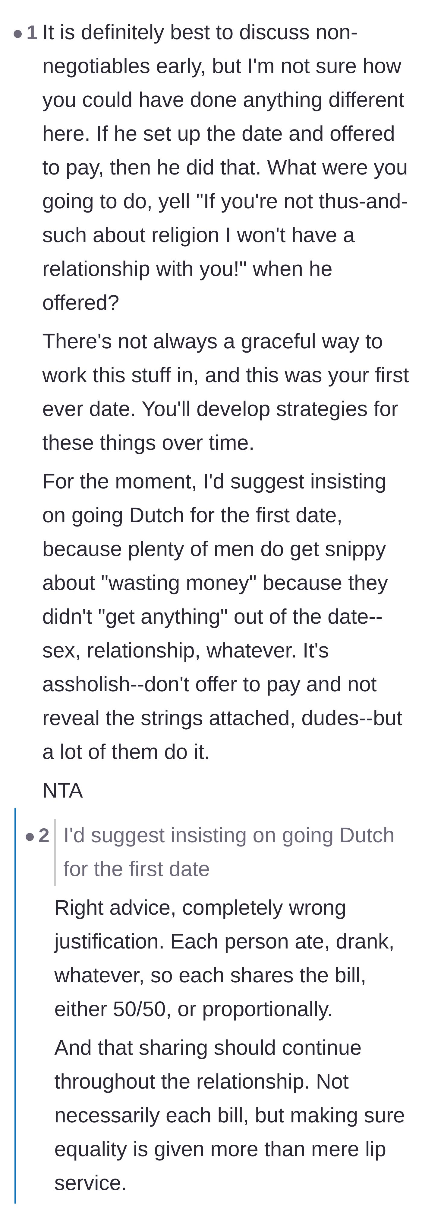Comment thread 6 - Suggestions to split the bill on first dates to protect against men who expect something in return.