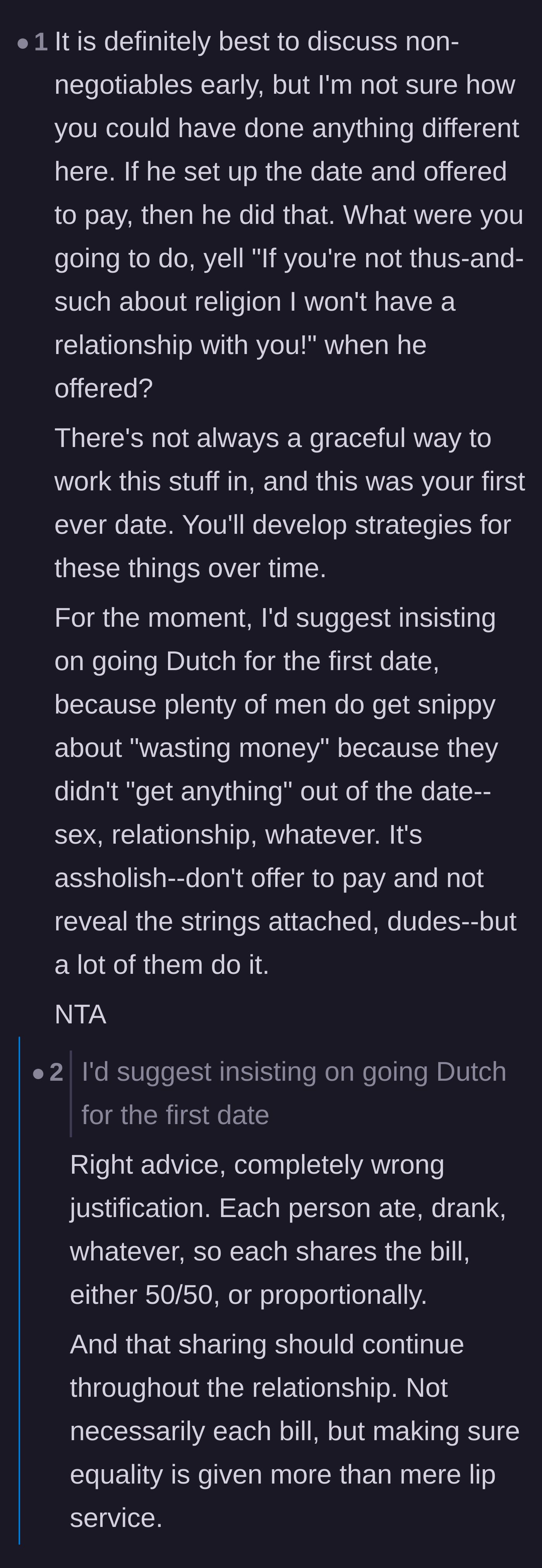 Comment thread 6 - Suggestions to split the bill on first dates to protect against men who expect something in return.