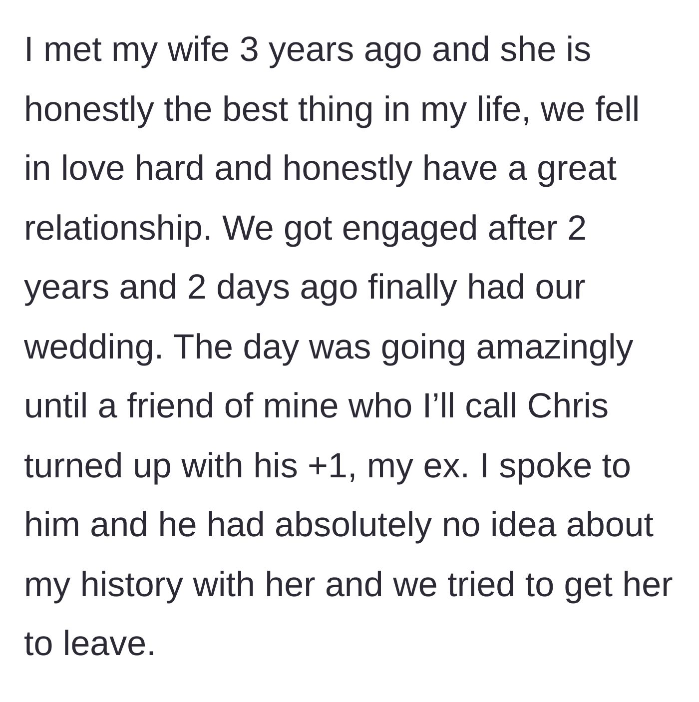 Story part 3 - The groom finds love and peace with his new bride, only for a clueless friend to accidentally bring the stalker to their wedding.