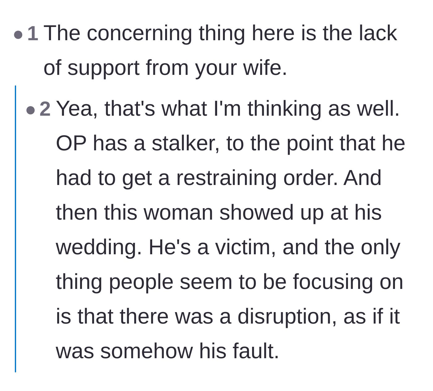 Comment thread 2 - Readers expressing deep concern over the bride's severe lack of support for her new husband.