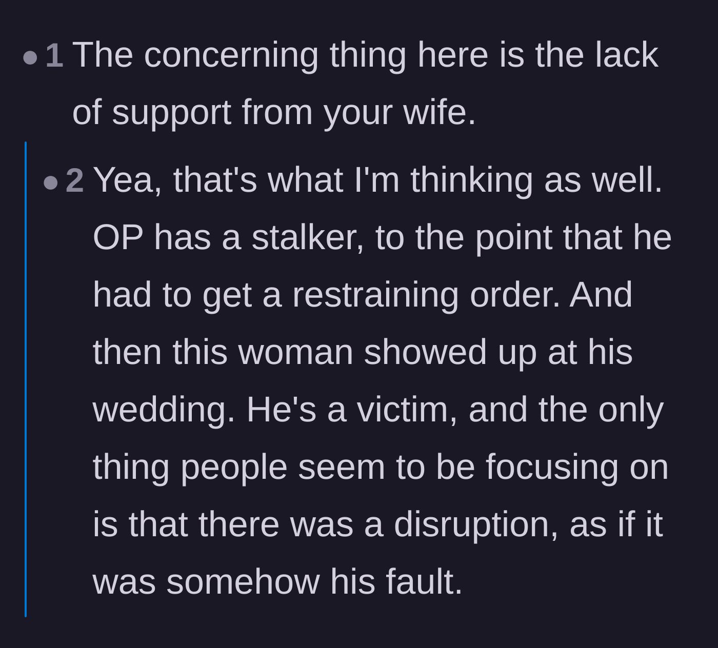 Comment thread 2 - Readers expressing deep concern over the bride's severe lack of support for her new husband.