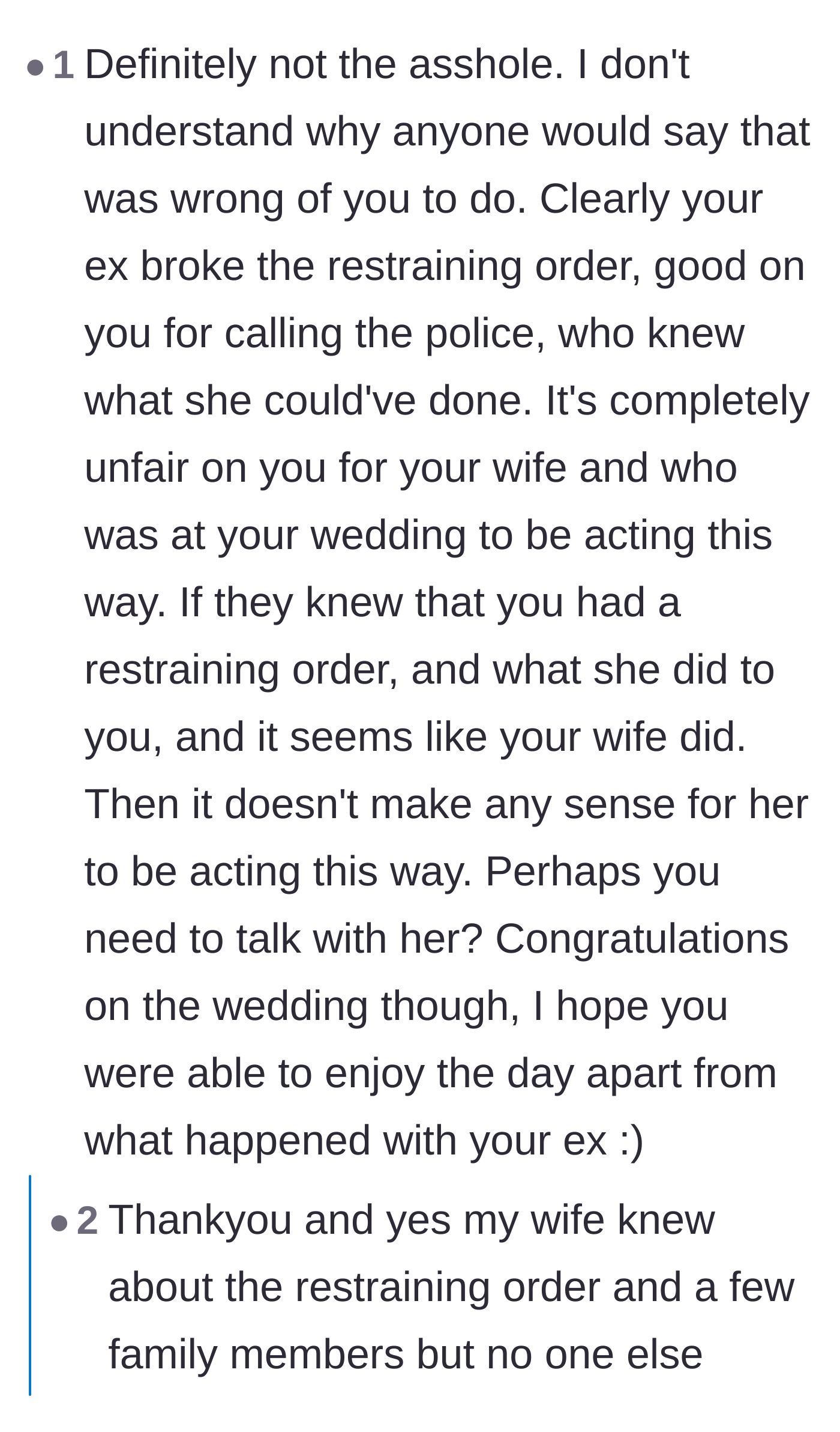 Comment thread 4 - Disbelief that the bride, who knew about the restraining order, is actively punishing the groom.