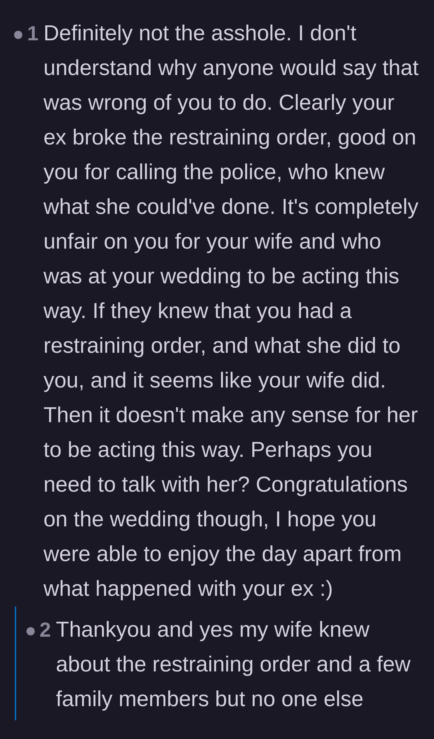 Comment thread 4 - Disbelief that the bride, who knew about the restraining order, is actively punishing the groom.