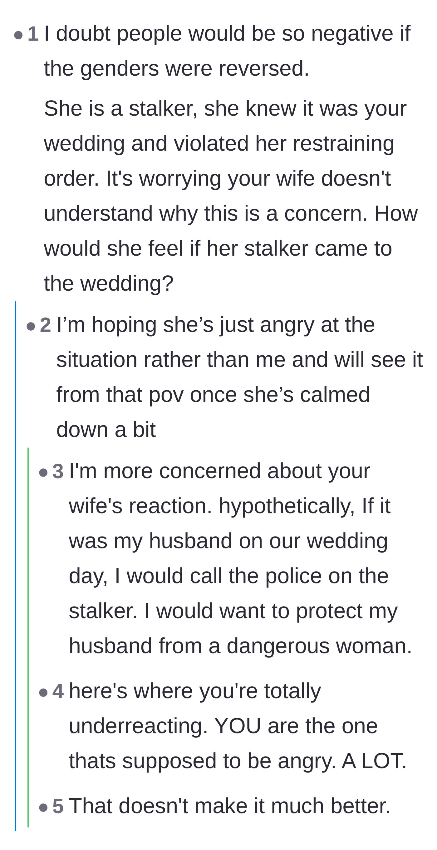 Comment thread 5 - Pointing out the unfair gender double standard when it comes to male victims of stalking.