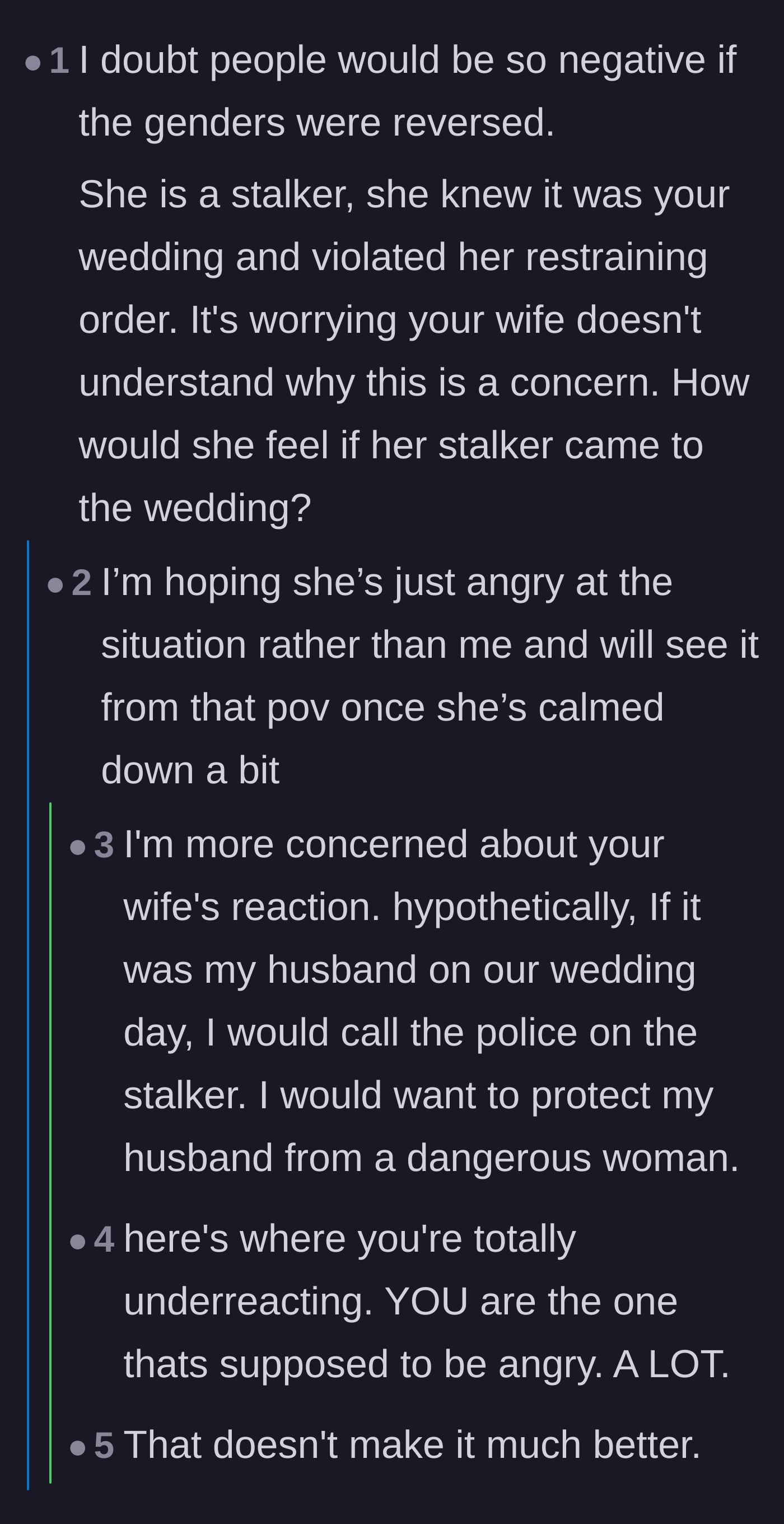 Comment thread 5 - Pointing out the unfair gender double standard when it comes to male victims of stalking.