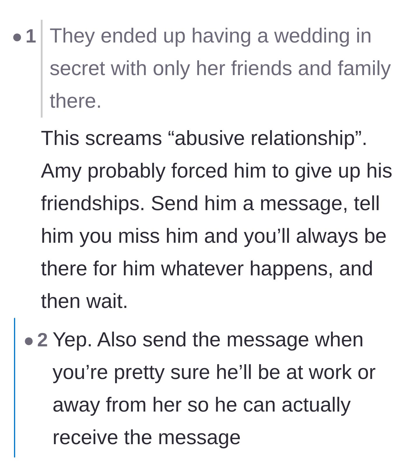 Comment thread 1 - Readers pointing out the red flags of an abusive, isolating relationship and advising a secret check-in.