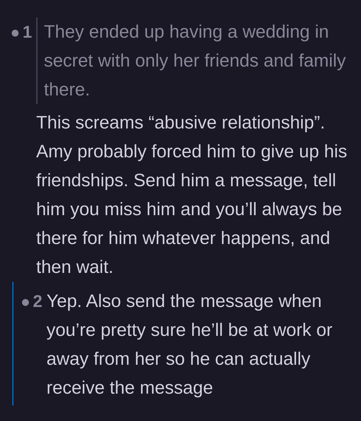 Comment thread 1 - Readers pointing out the red flags of an abusive, isolating relationship and advising a secret check-in.