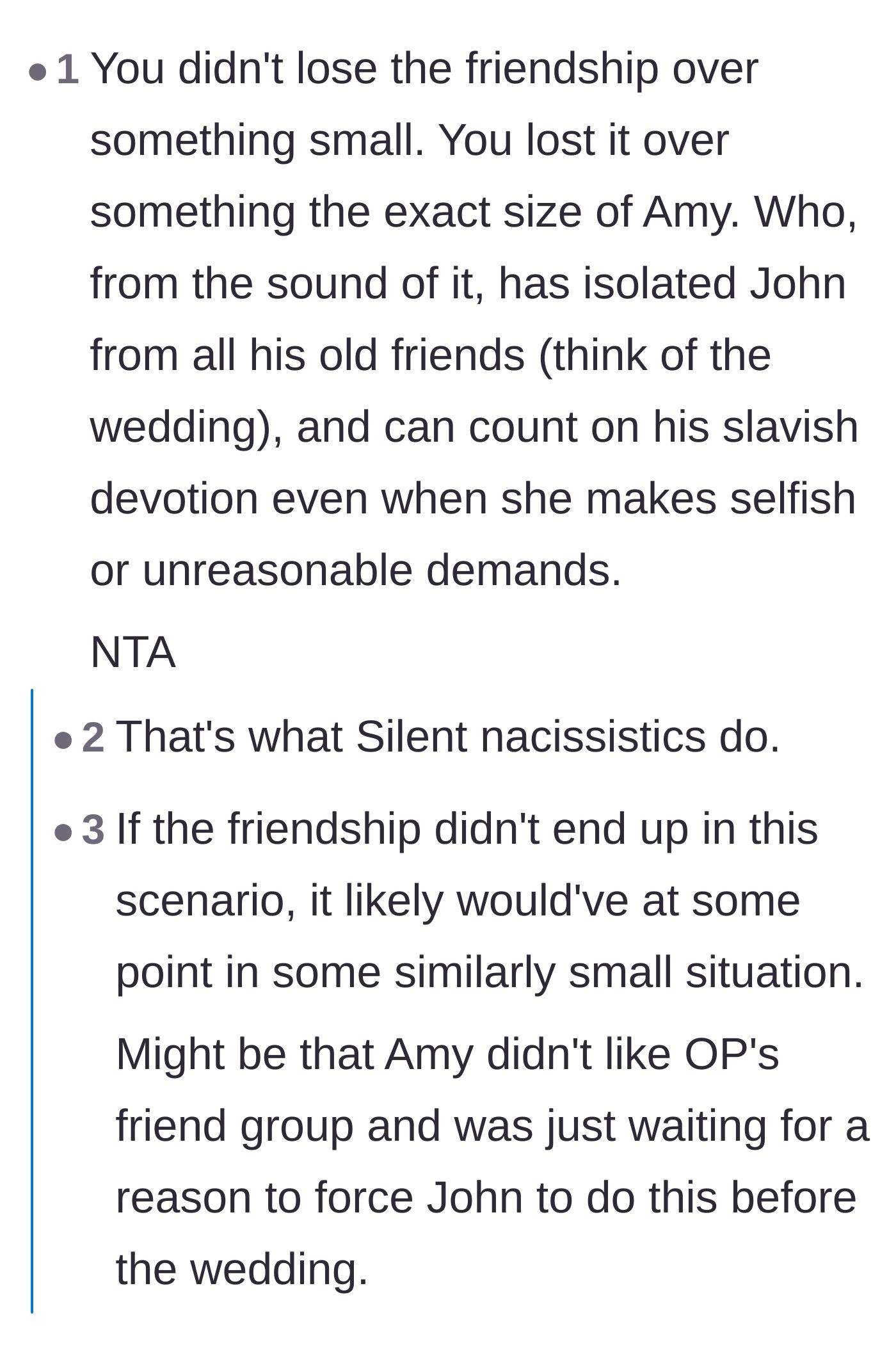 Comment thread 2 - Discussion on how the girlfriend used a small situation as a deliberate excuse to cut off his old friends.