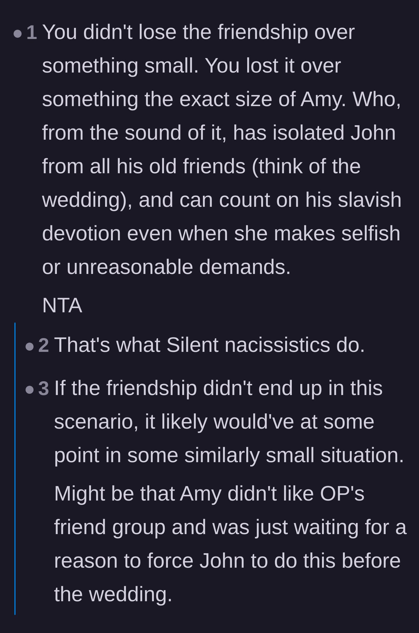 Comment thread 2 - Discussion on how the girlfriend used a small situation as a deliberate excuse to cut off his old friends.