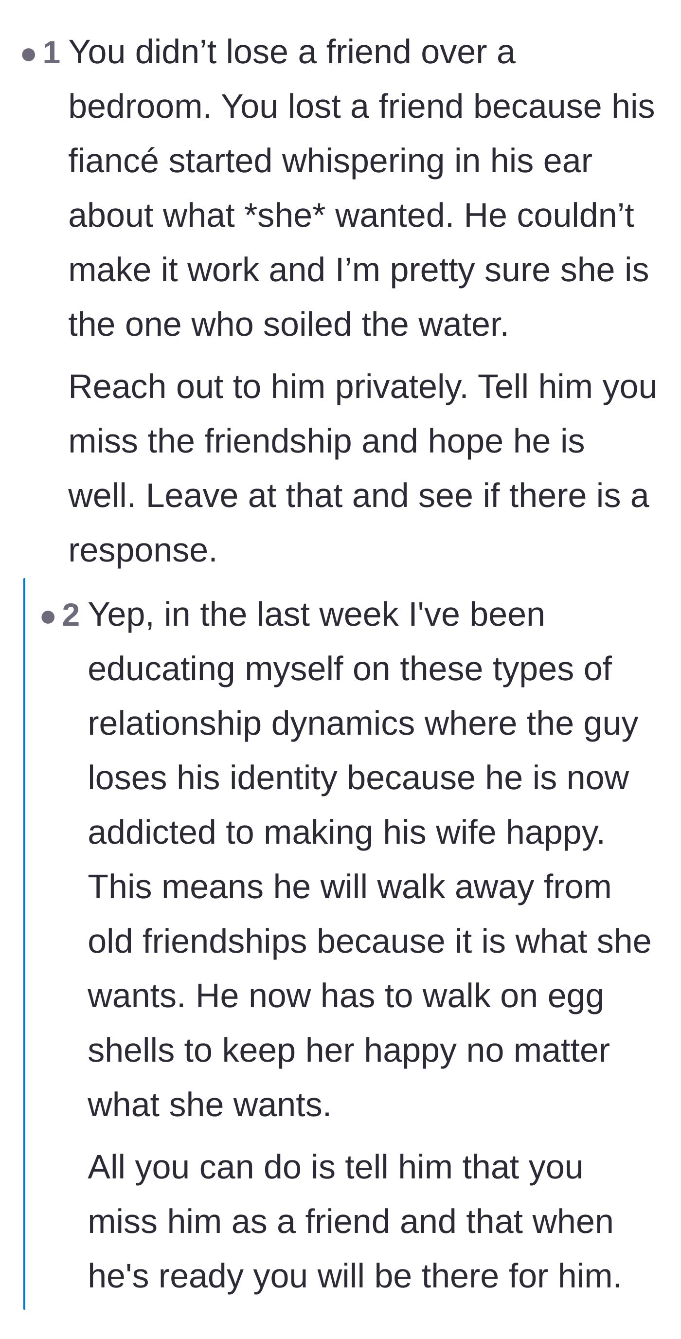 Comment thread 3 - Analysis of relationship dynamics where a partner loses their identity and walks on eggshells to appease their spouse.