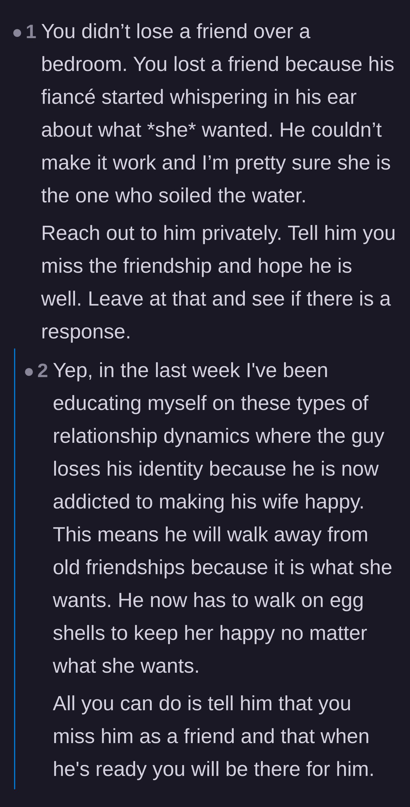 Comment thread 3 - Analysis of relationship dynamics where a partner loses their identity and walks on eggshells to appease their spouse.