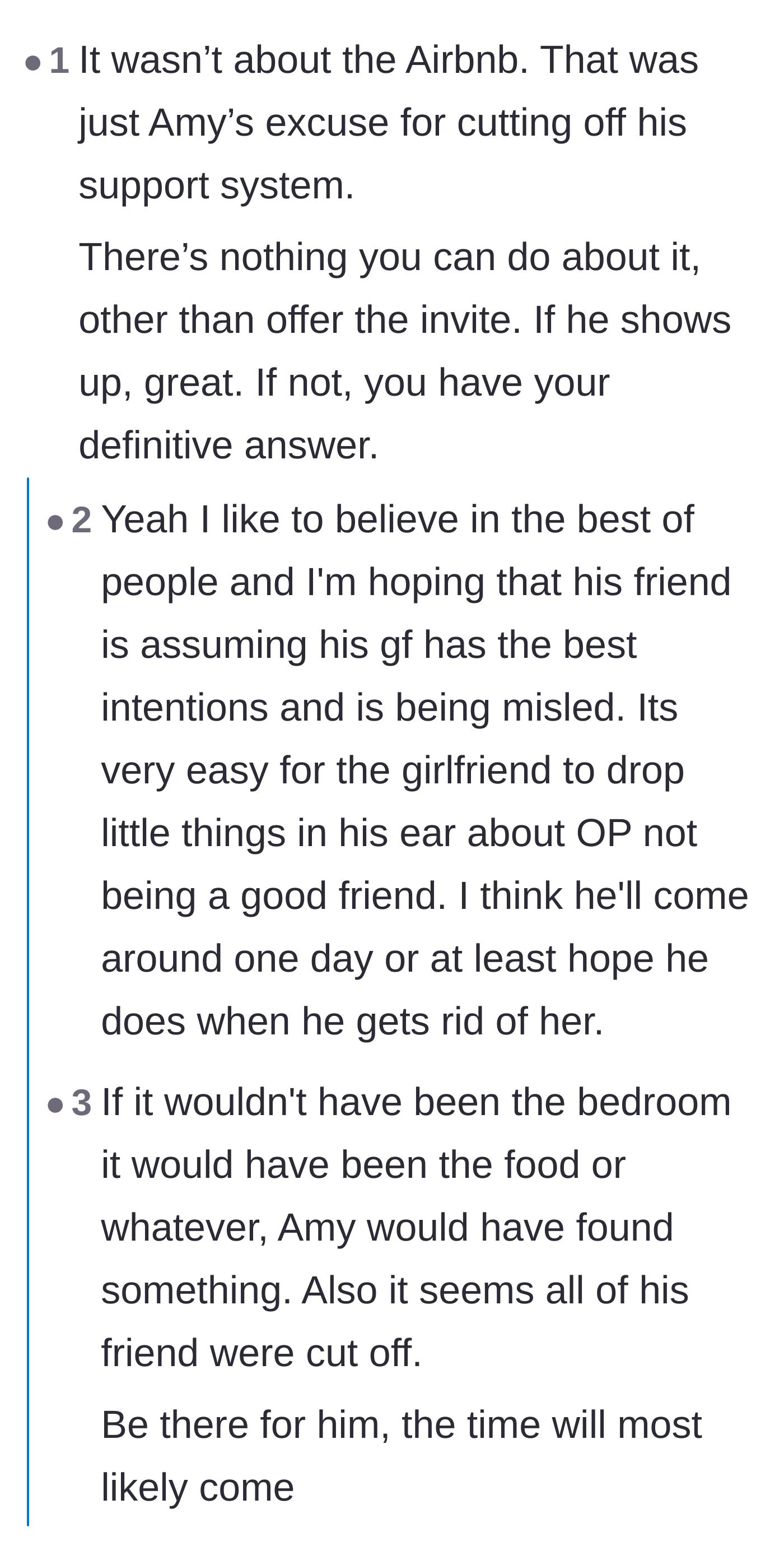 Comment thread 4 - Agreement that the Airbnb dispute was just a convenient excuse and advice to leave the door open.