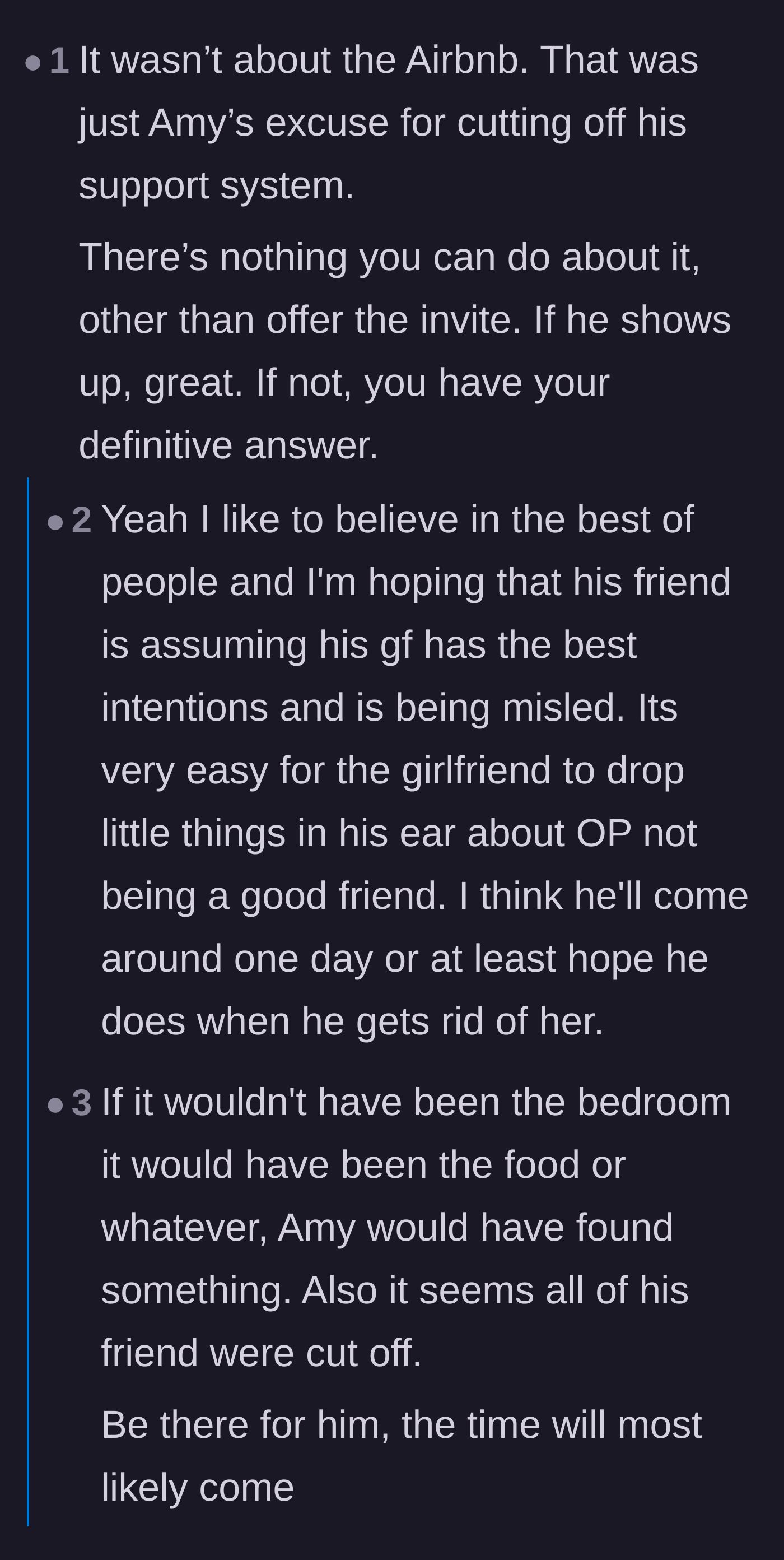 Comment thread 4 - Agreement that the Airbnb dispute was just a convenient excuse and advice to leave the door open.
