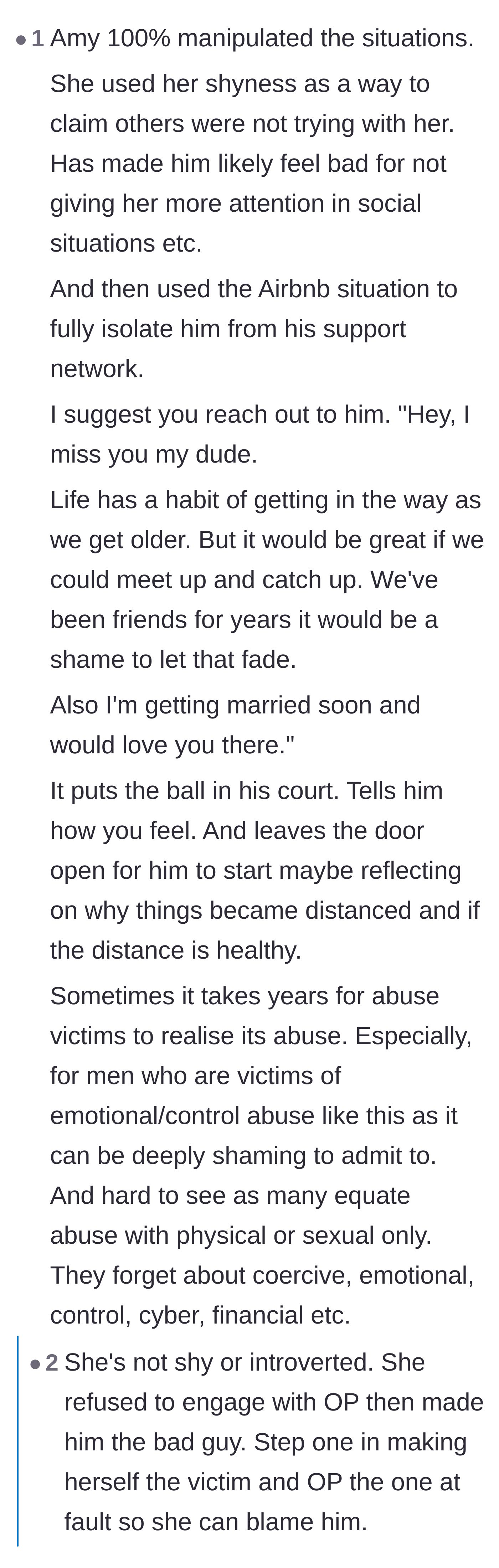 Comment thread 6 - Calling out the girlfriend for weaponizing her shyness to manipulate situations and providing a script to reconnect.