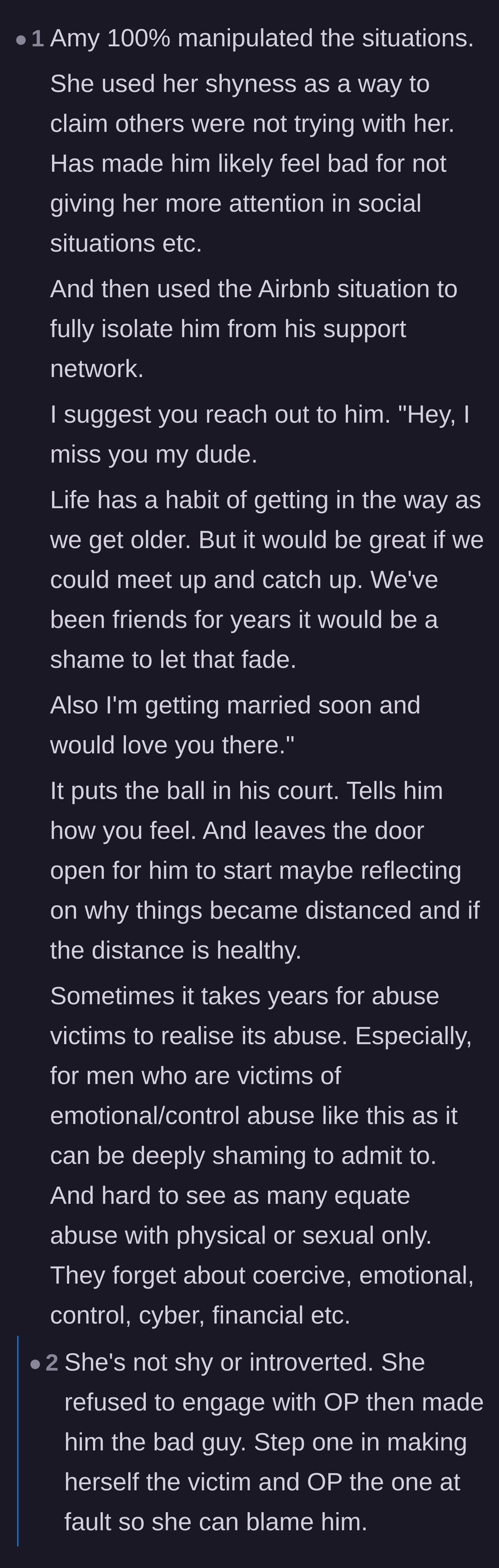 Comment thread 6 - Calling out the girlfriend for weaponizing her shyness to manipulate situations and providing a script to reconnect.