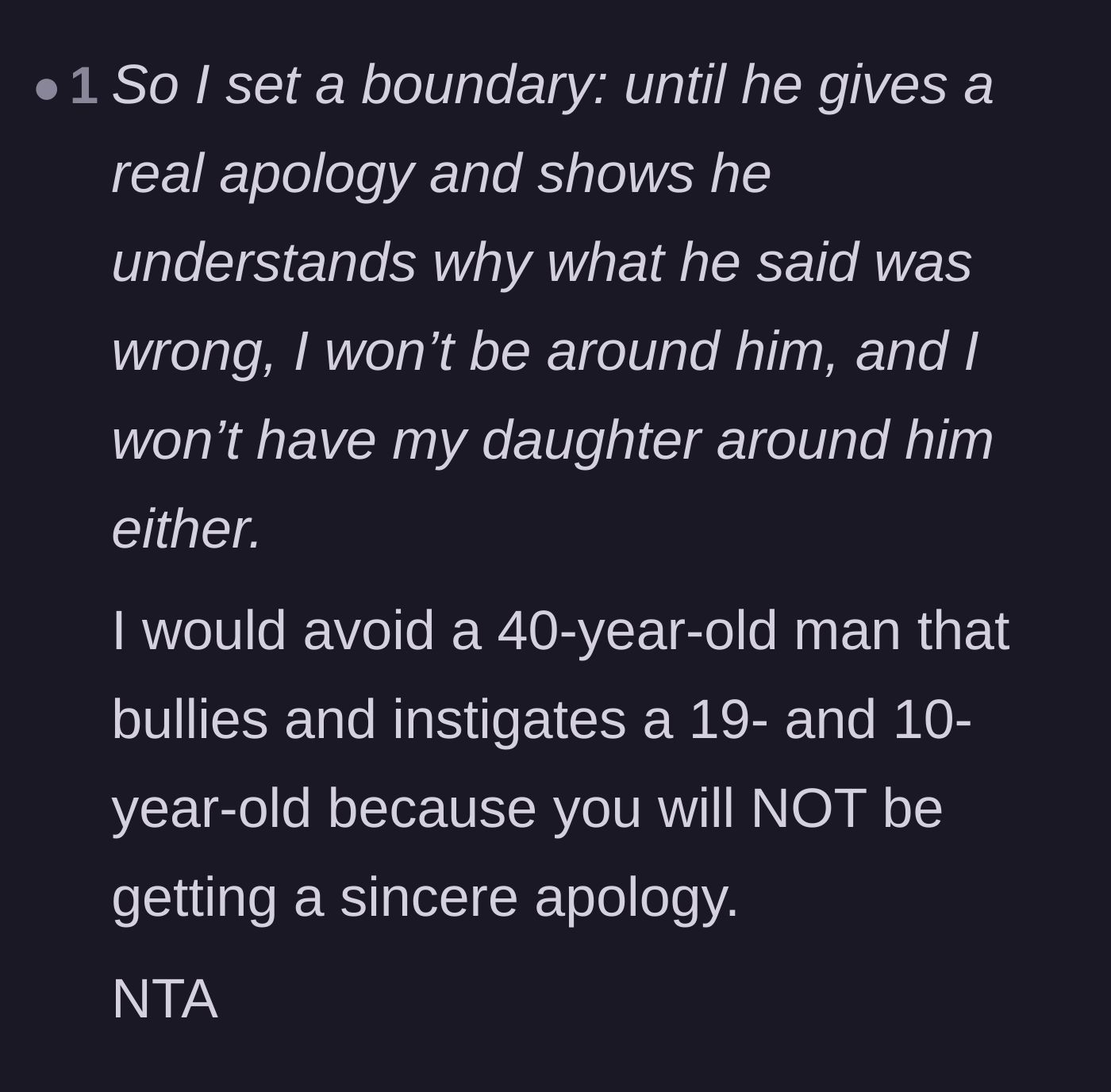 Comment thread 2 - A user points out that a grown man bullying children is incapable of giving a sincere apology.