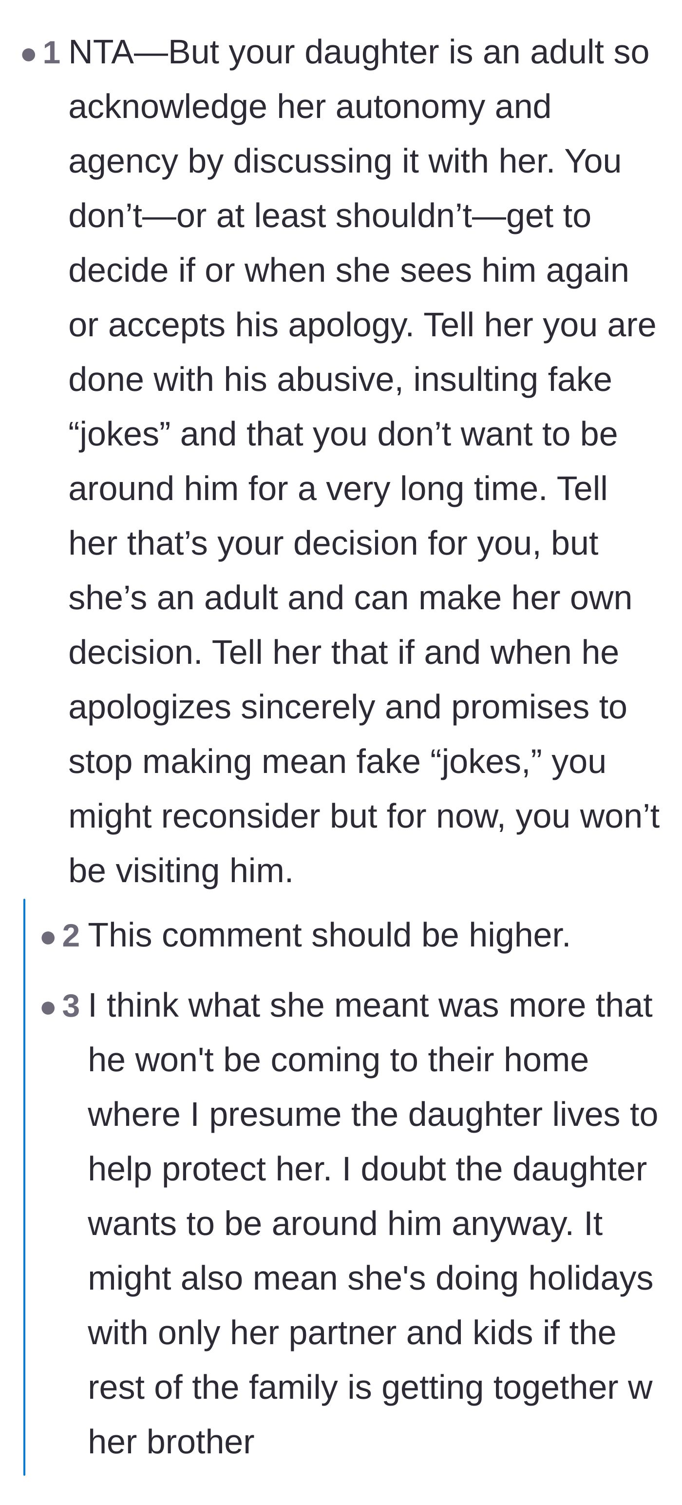Comment thread 6 - A reminder that since the daughter is nineteen, she should have the autonomy to decide her own boundaries with her uncle.
