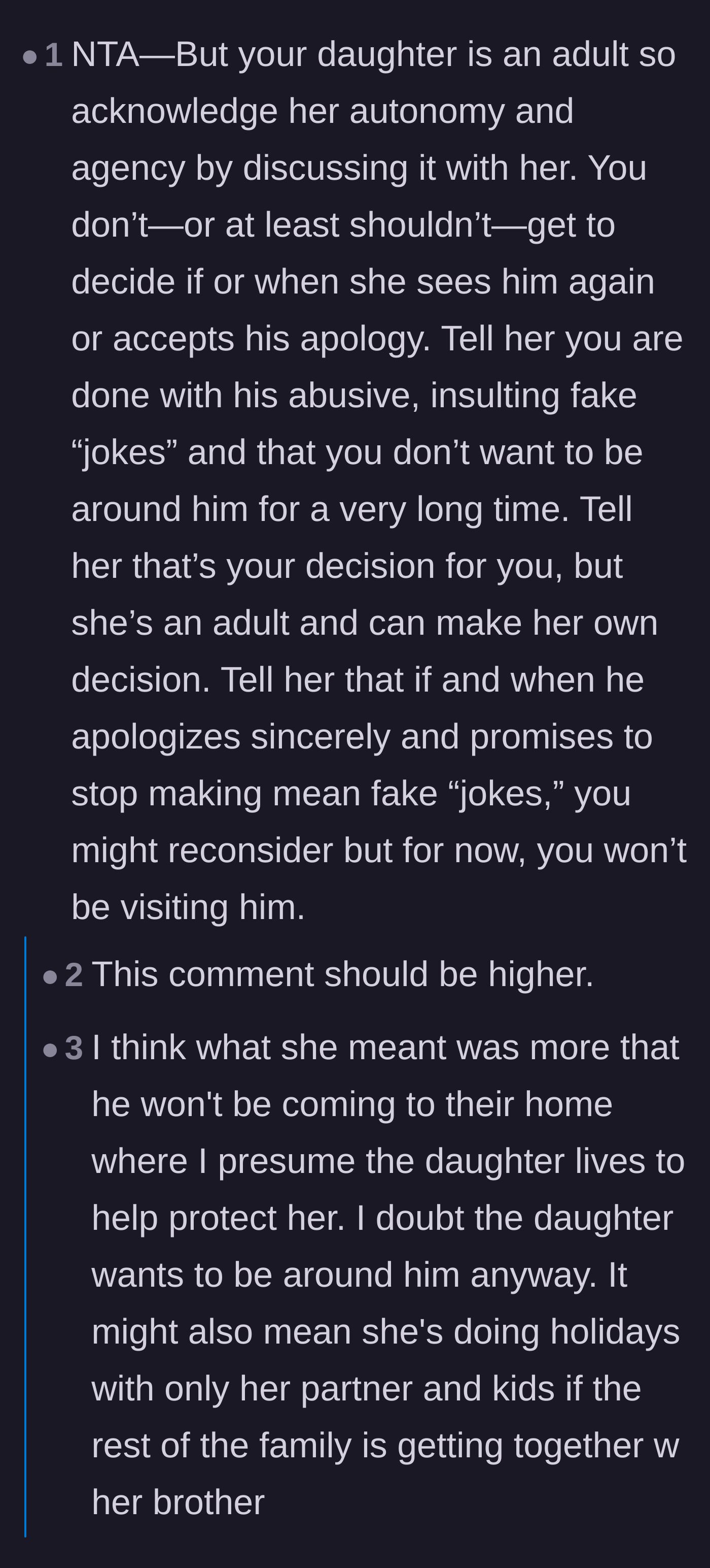 Comment thread 6 - A reminder that since the daughter is nineteen, she should have the autonomy to decide her own boundaries with her uncle.