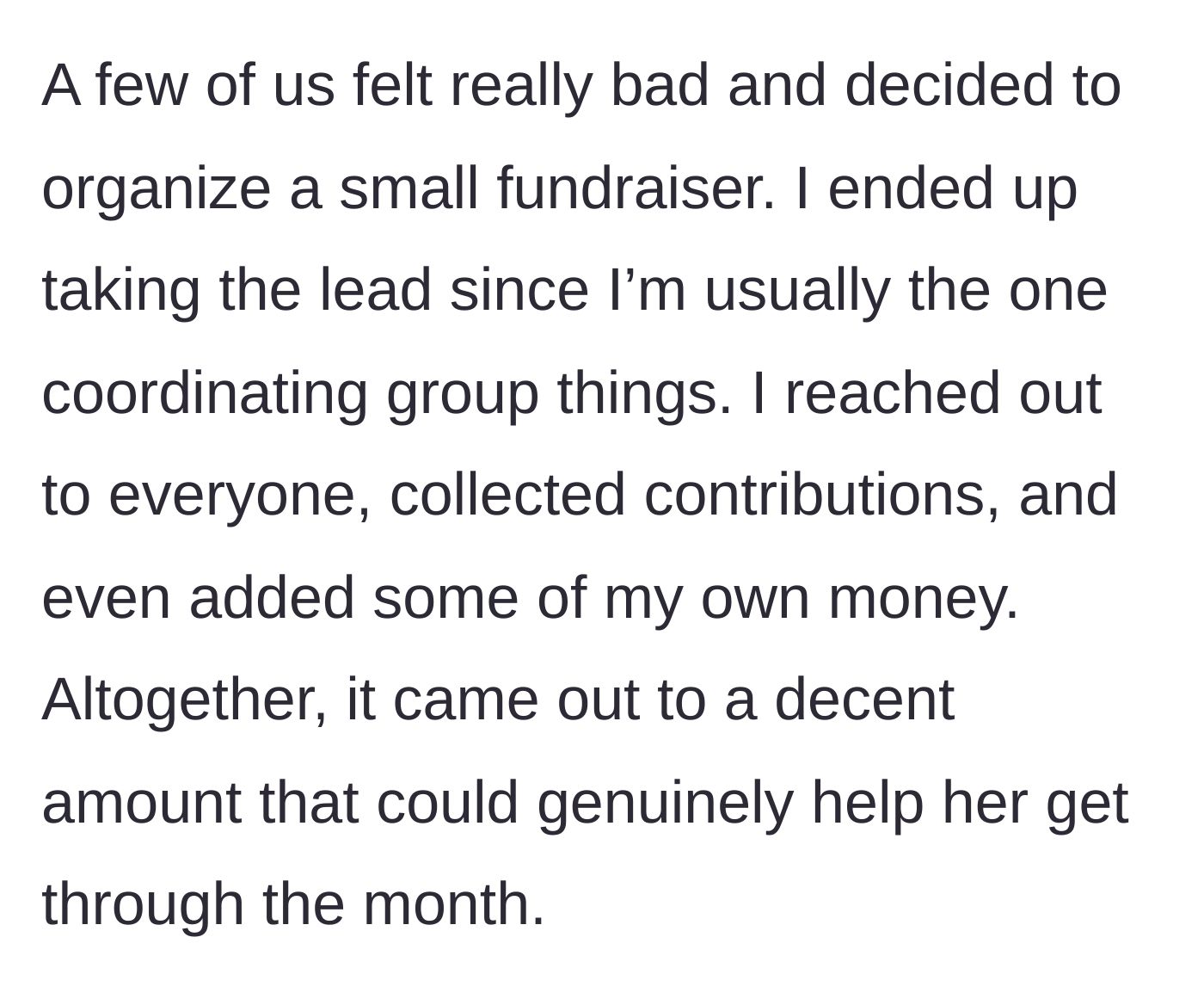 Story part 2 - The main character takes charge of collecting donations from the office to help her.