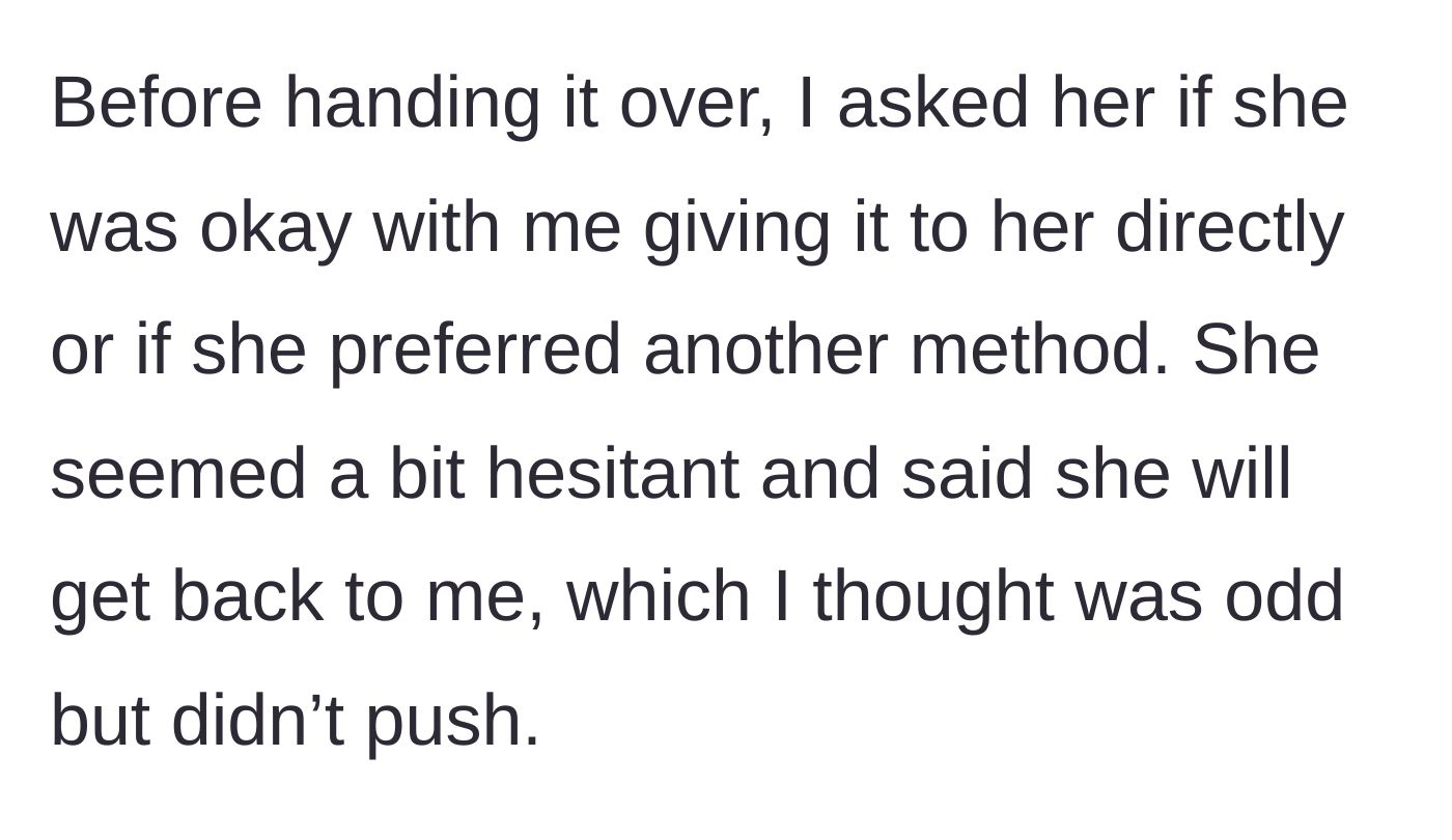 Story part 3 - The coworker hesitates when asked how she wants to receive the collected funds.