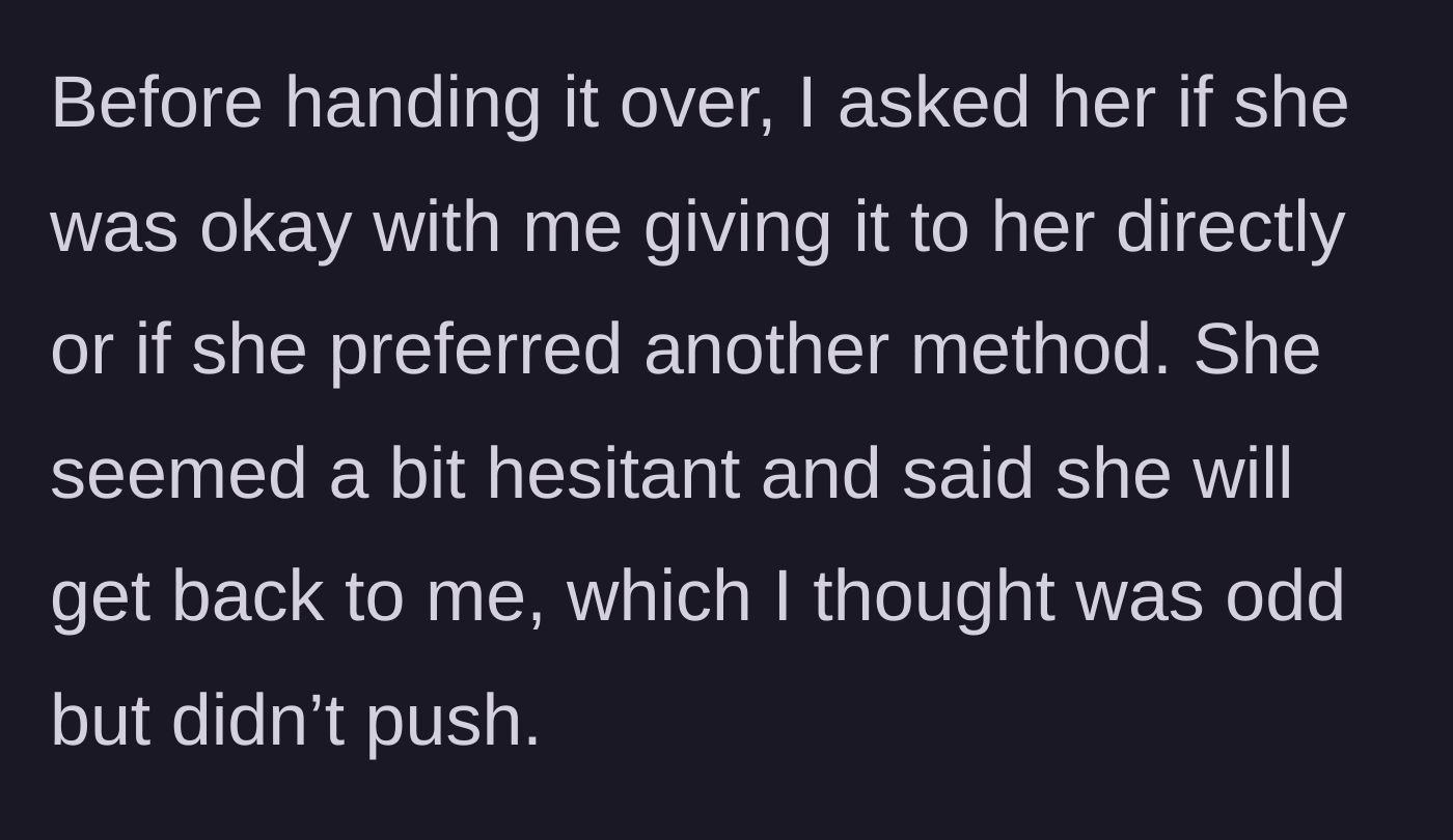 Story part 3 - The coworker hesitates when asked how she wants to receive the collected funds.