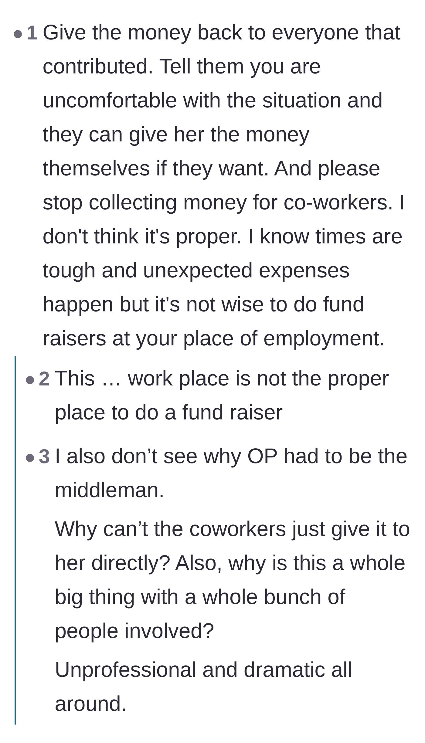 Comment thread 2 - Advice on returning the funds and stopping workplace charity drives altogether.