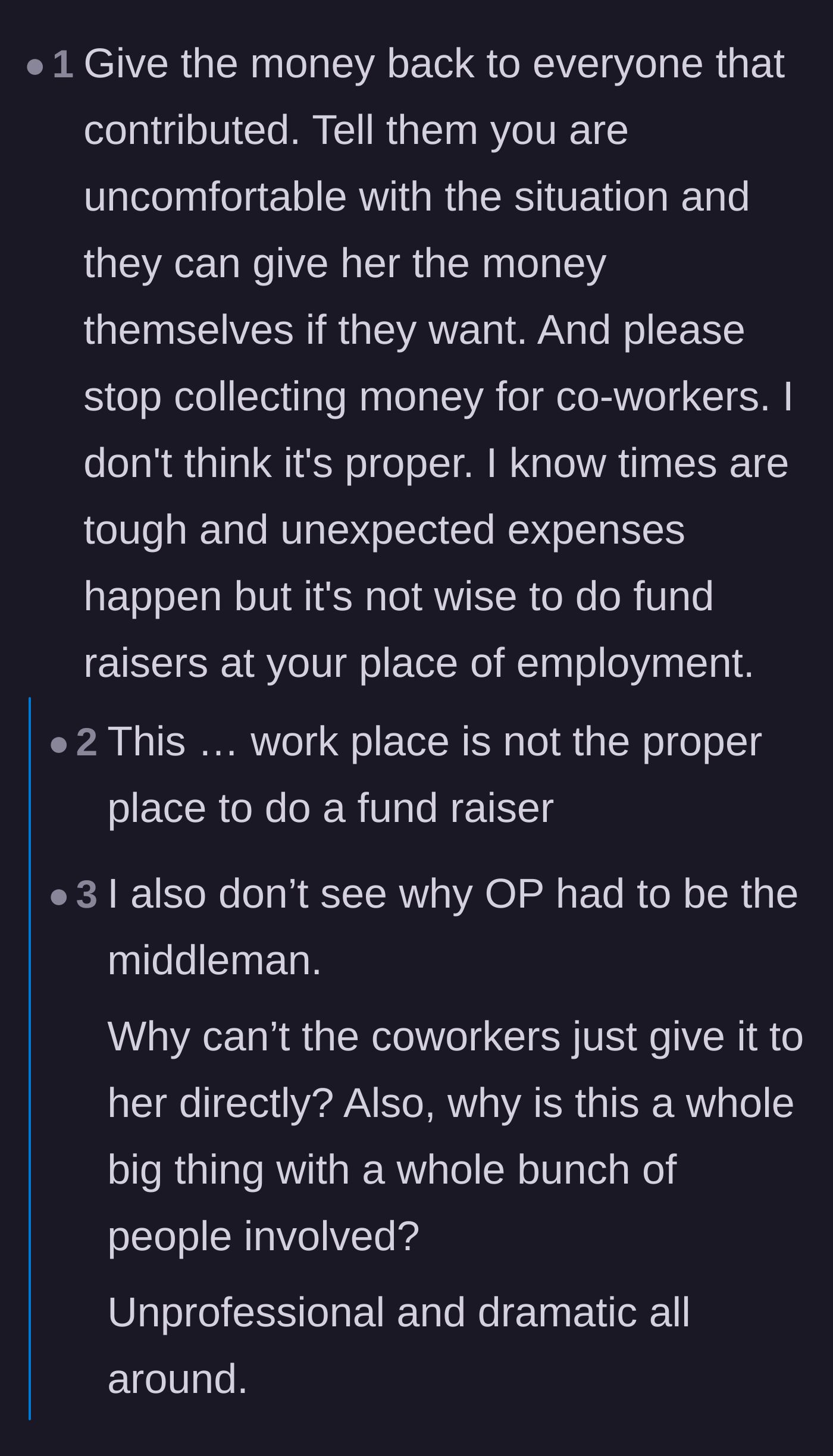 Comment thread 2 - Advice on returning the funds and stopping workplace charity drives altogether.