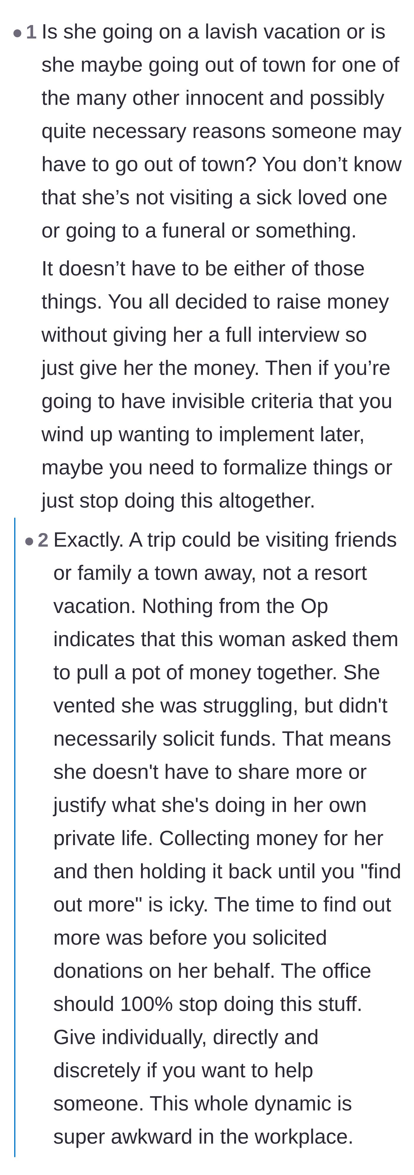 Comment thread 4 - Speculation that the coworker's trip could be for an innocent reason like a family emergency.