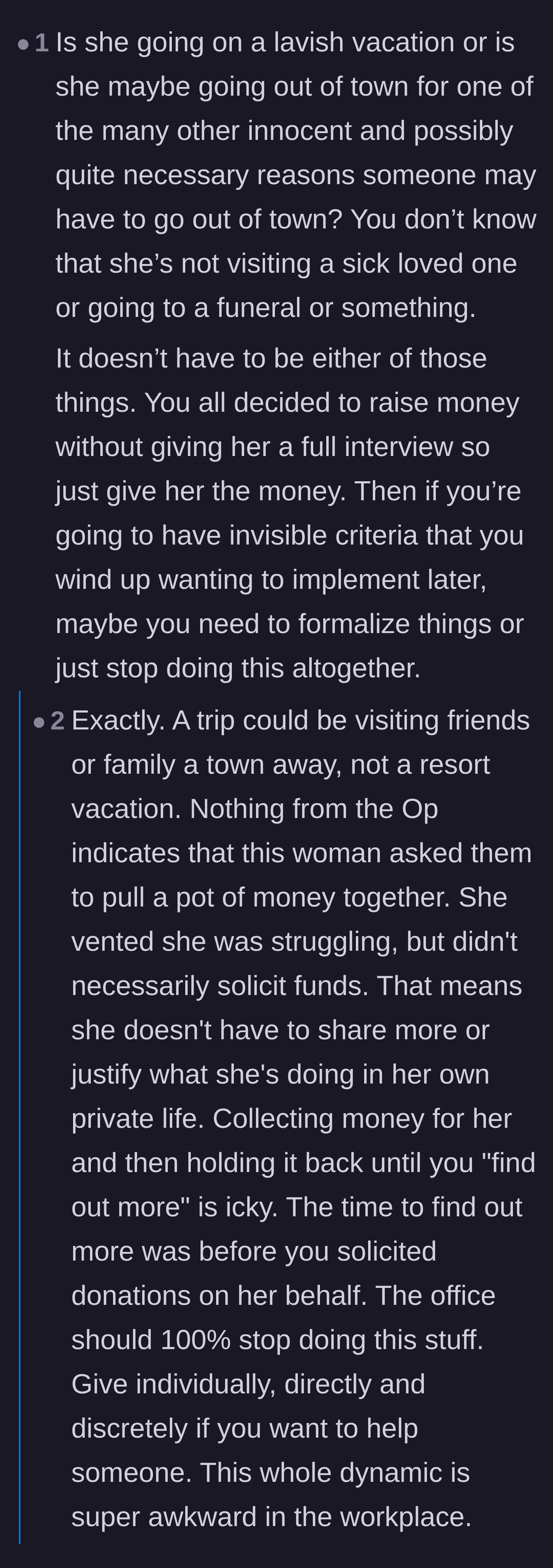 Comment thread 4 - Speculation that the coworker's trip could be for an innocent reason like a family emergency.