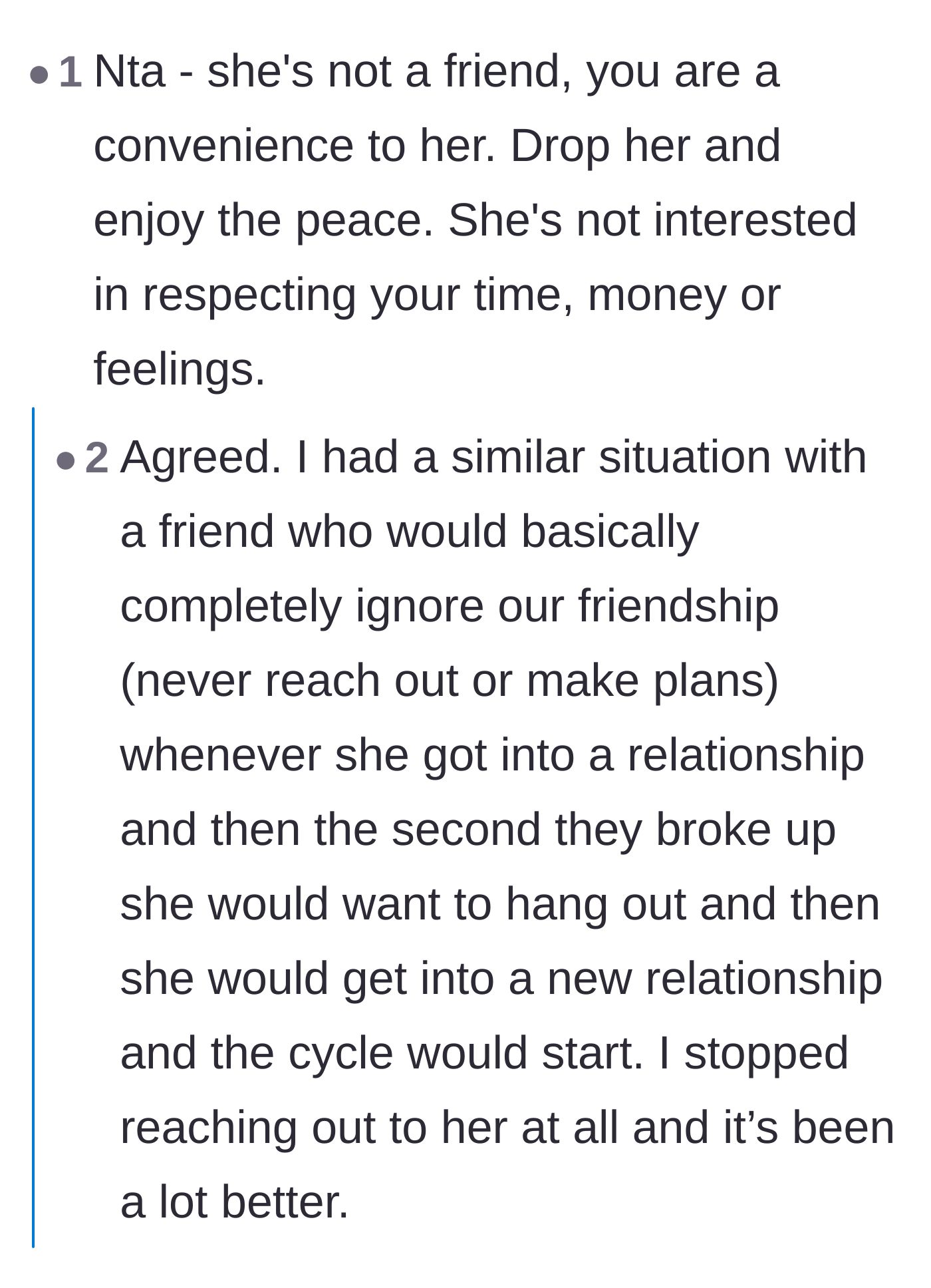 Comment thread 3 - Users sharing personal stories of dropping friends who only care when they are single.