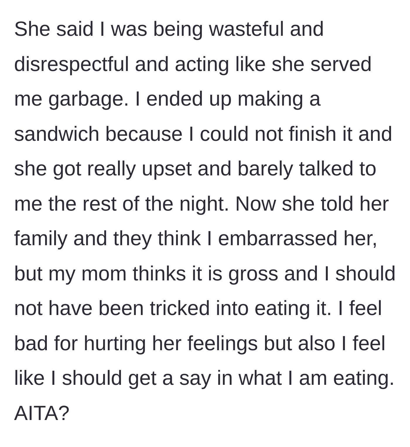 Story part 3 - The husband makes a sandwich, sparking the silent treatment and a family-wide debate.