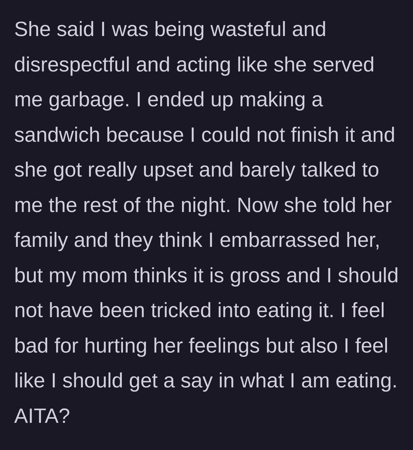 Story part 3 - The husband makes a sandwich, sparking the silent treatment and a family-wide debate.