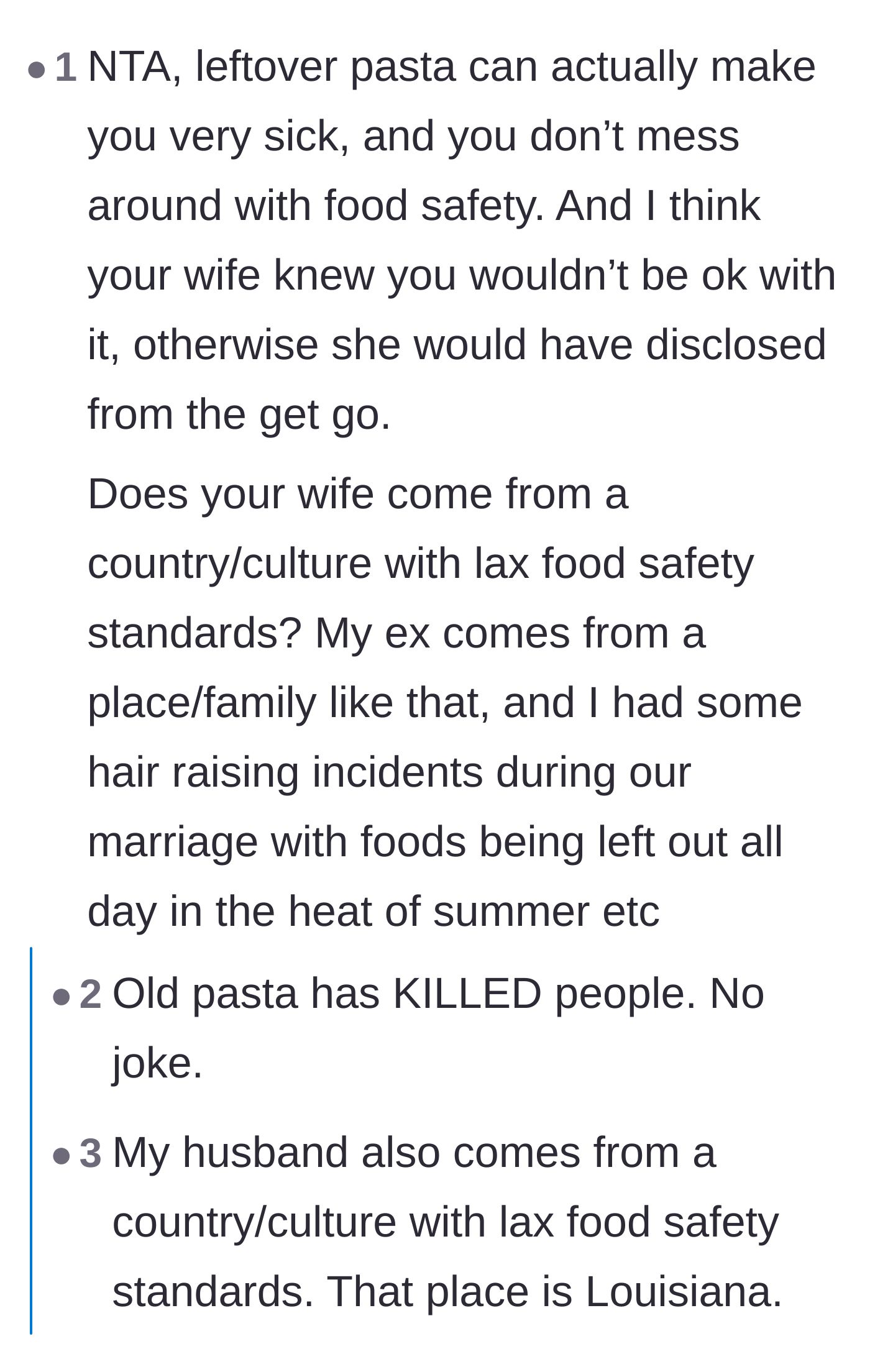 Comment thread 3 - A discussion about the serious food safety risks of old pasta and cultural differences in food hygiene.