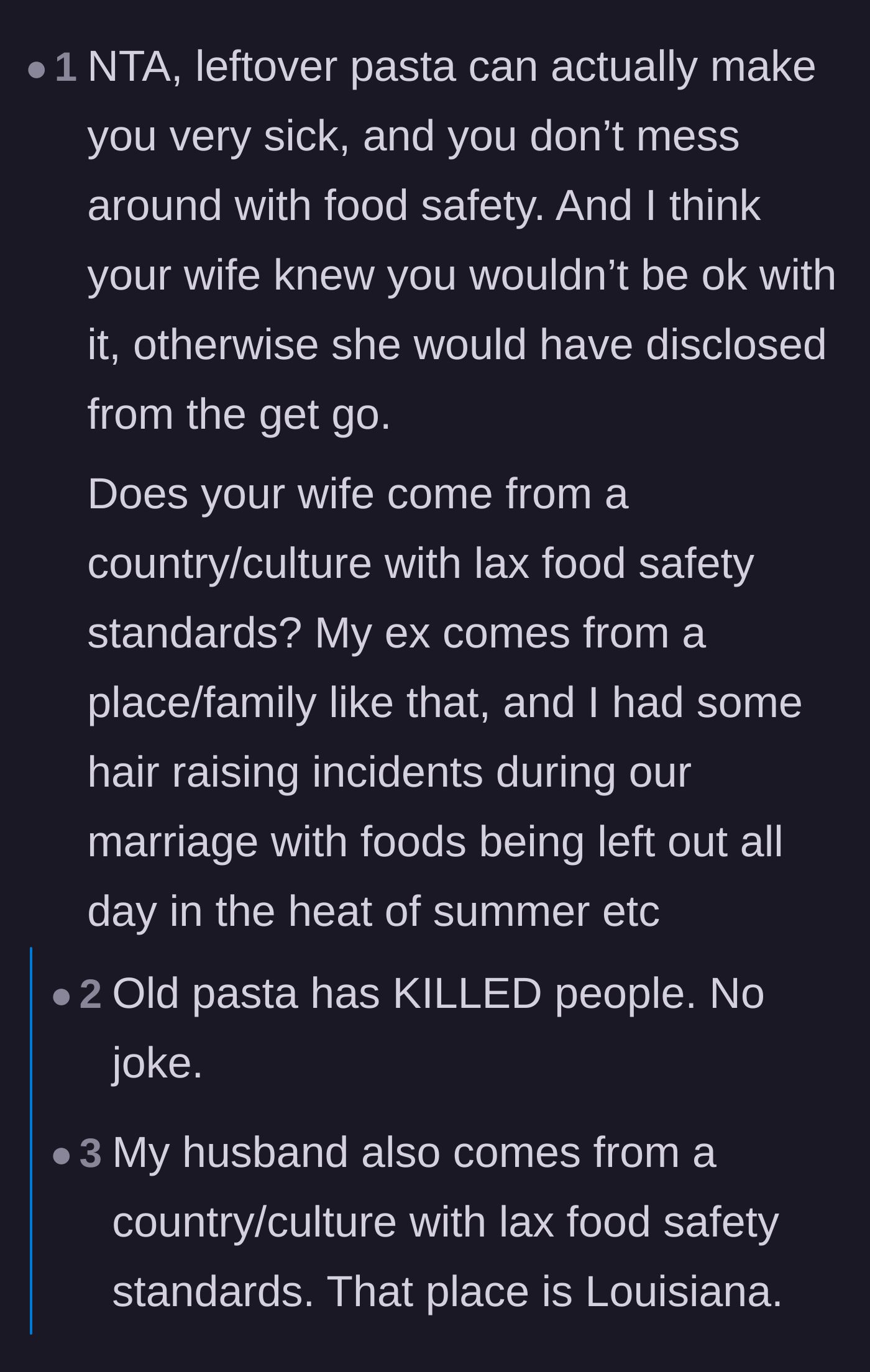 Comment thread 3 - A discussion about the serious food safety risks of old pasta and cultural differences in food hygiene.