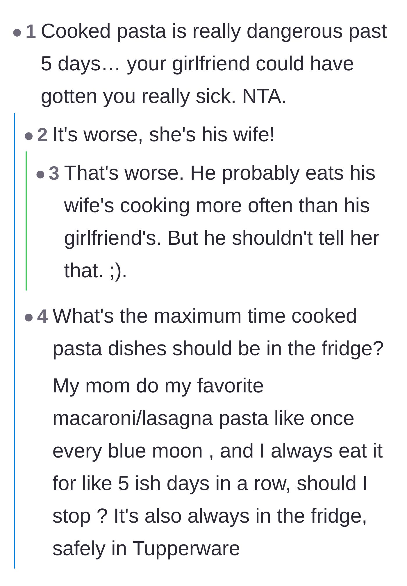 Comment thread 4 - Readers joke about the difference between a wife and girlfriend's cooking while asking for genuine advice on safe leftover times.