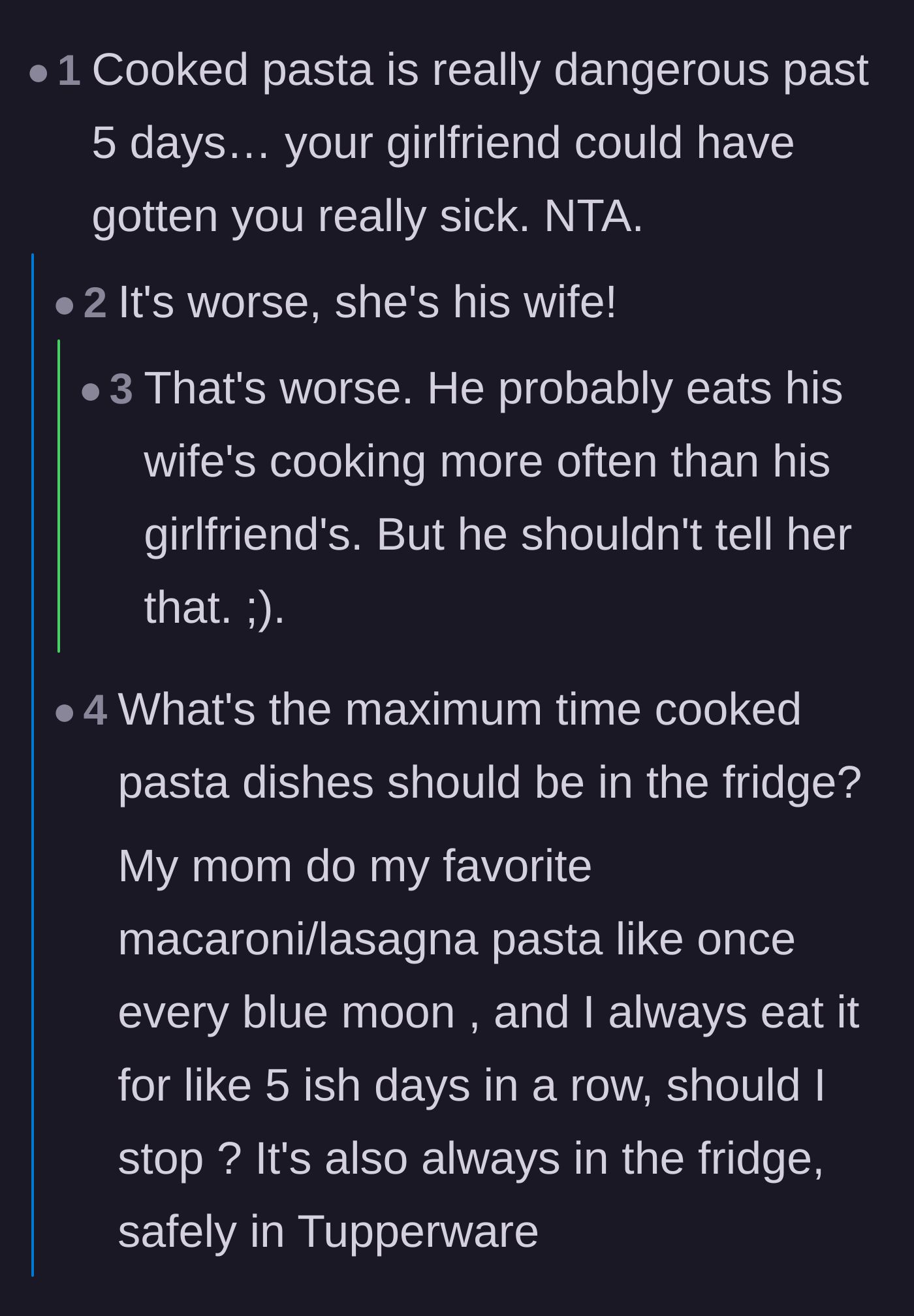 Comment thread 4 - Readers joke about the difference between a wife and girlfriend's cooking while asking for genuine advice on safe leftover times.