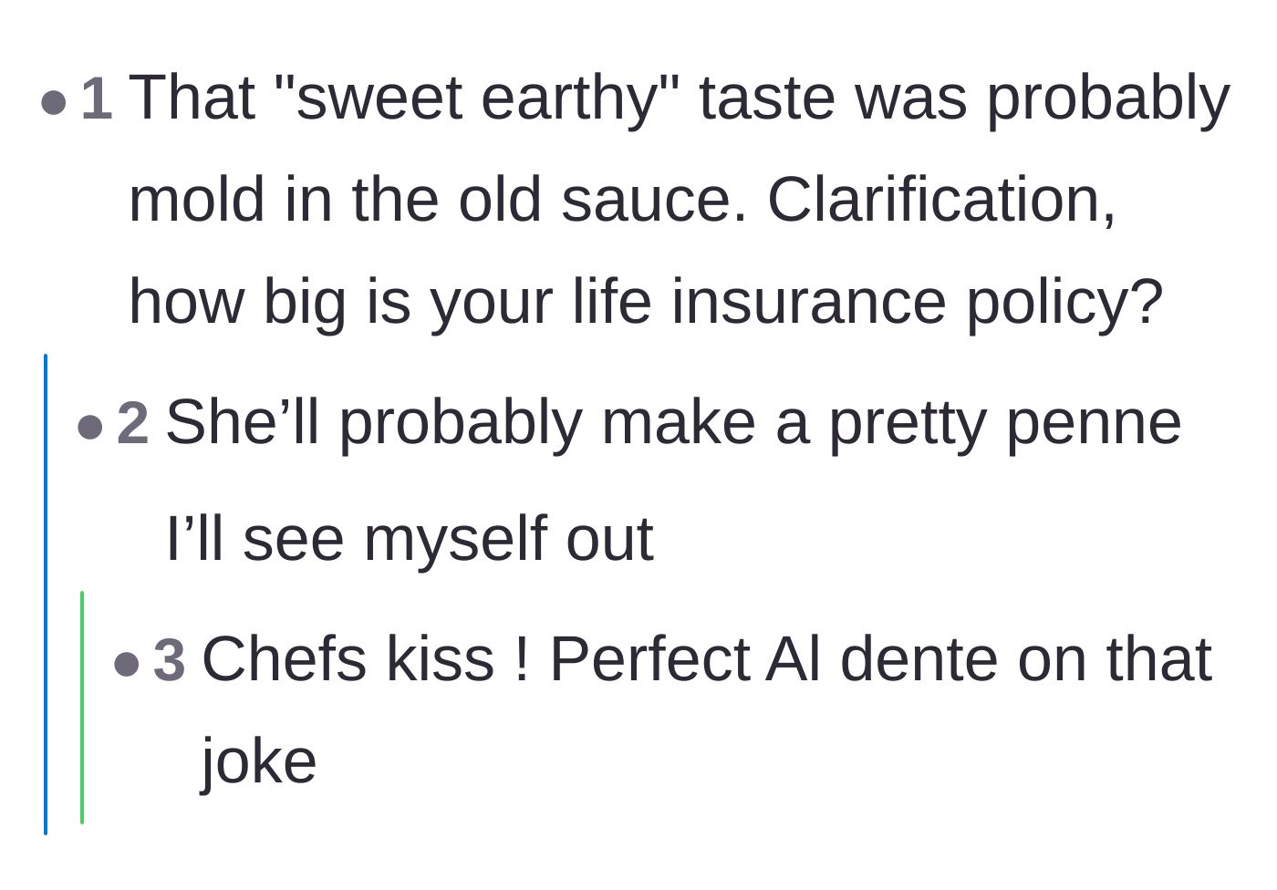 Comment thread 5 - Commenters make dark jokes about life insurance policies and share excellent pasta puns.