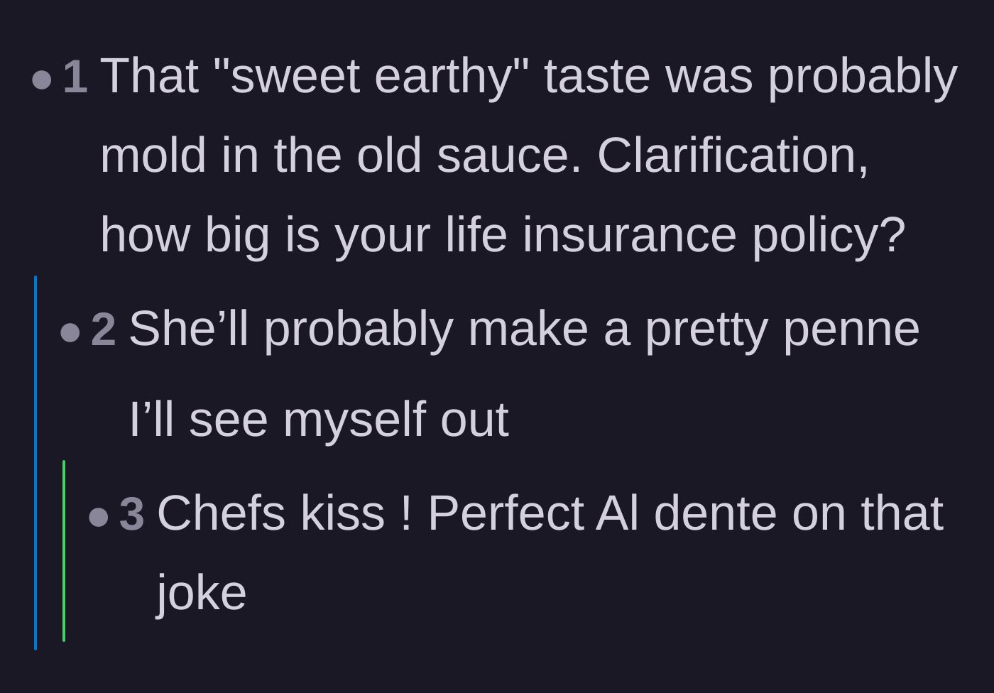 Comment thread 5 - Commenters make dark jokes about life insurance policies and share excellent pasta puns.