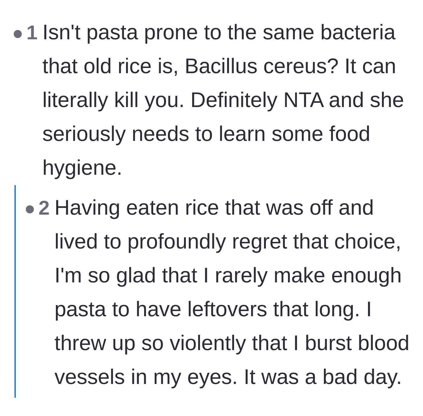 Comment thread 6 - A terrifying personal anecdote about the severe physical consequences of eating old starches.