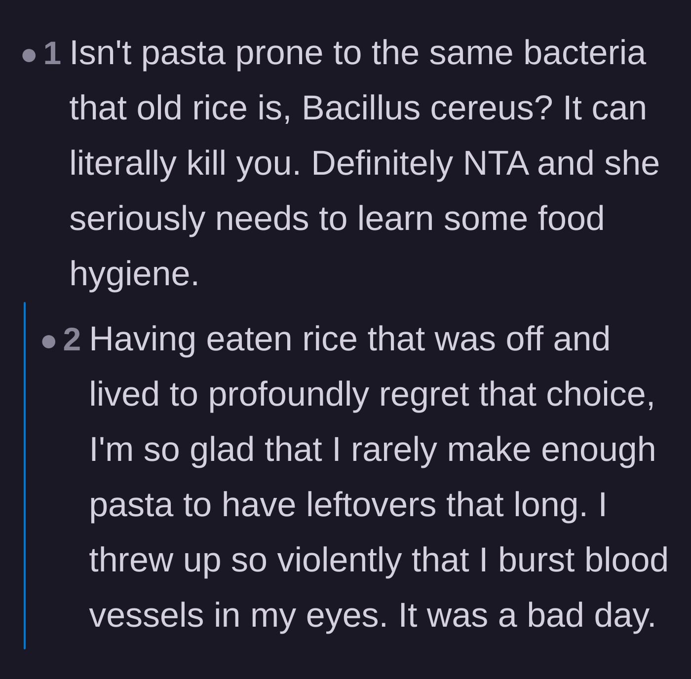 Comment thread 6 - A terrifying personal anecdote about the severe physical consequences of eating old starches.