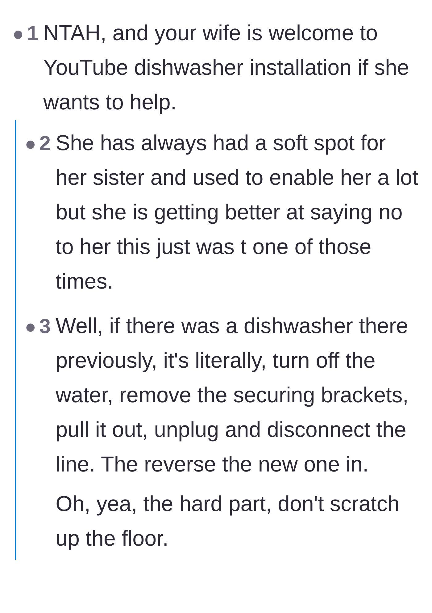 Comment thread 1 - Advice suggesting the wife learn to install the dishwasher herself via YouTube.