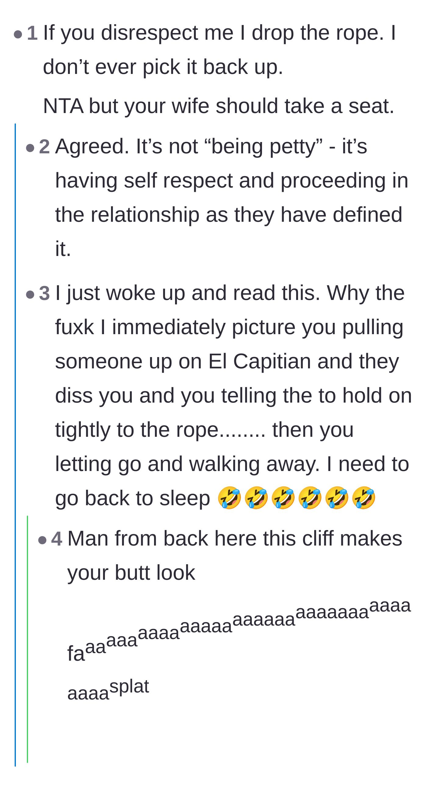 Comment thread 2 - Commenters discussing how withdrawing help is about self-respect, complete with a joke about dropping a literal climbing rope.