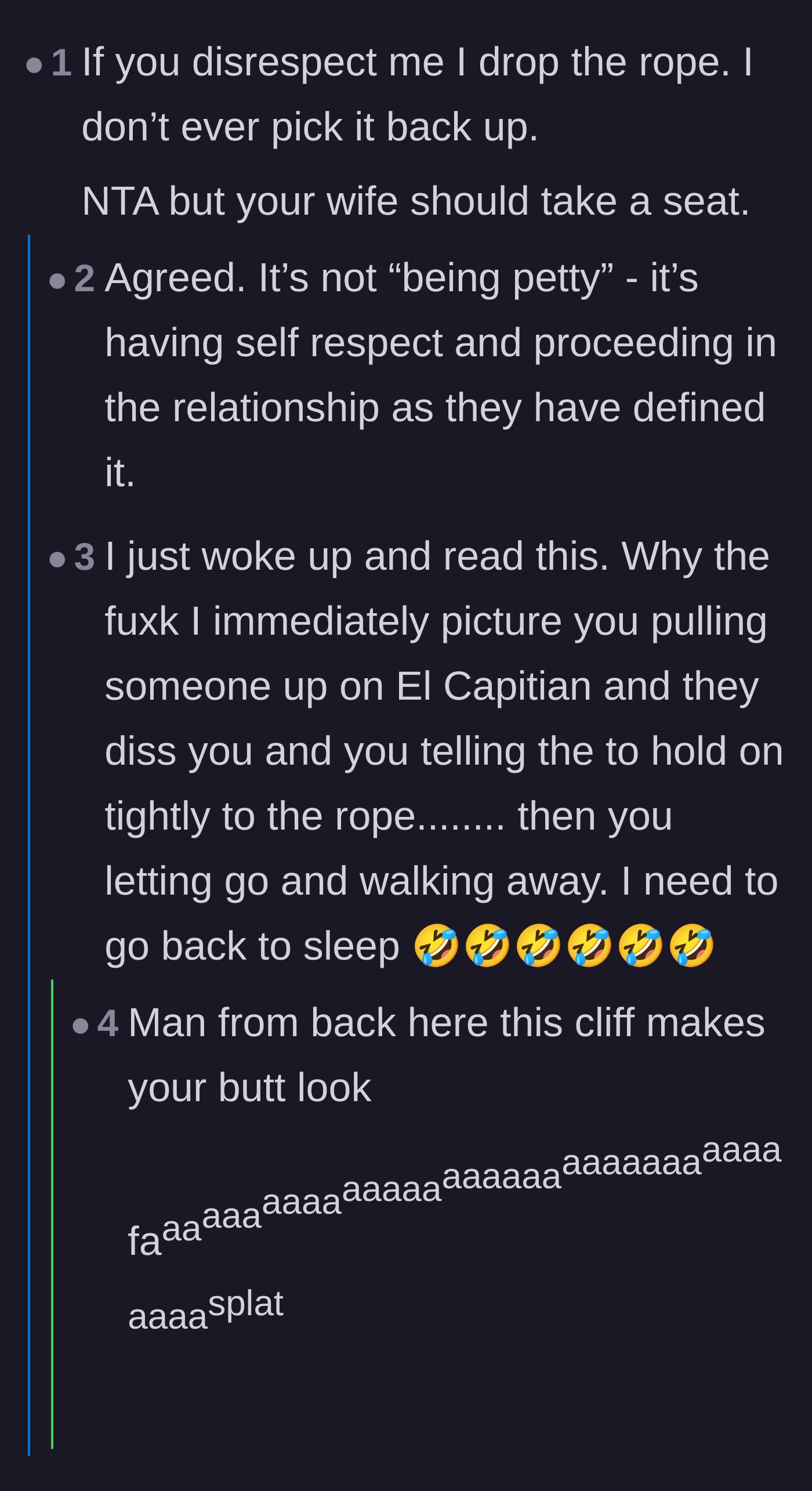 Comment thread 2 - Commenters discussing how withdrawing help is about self-respect, complete with a joke about dropping a literal climbing rope.