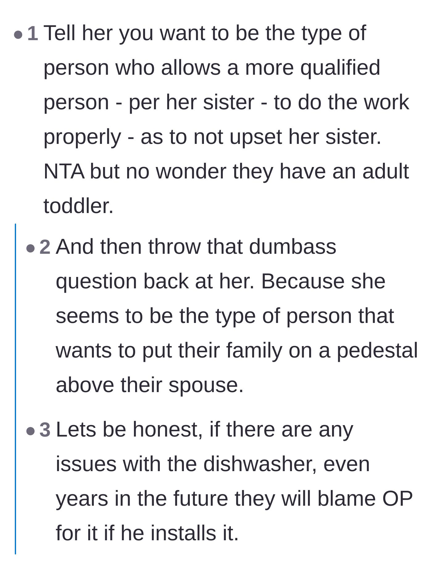Comment thread 3 - Pointing out that if the main character installs the appliance, he will be blamed for any future malfunctions.